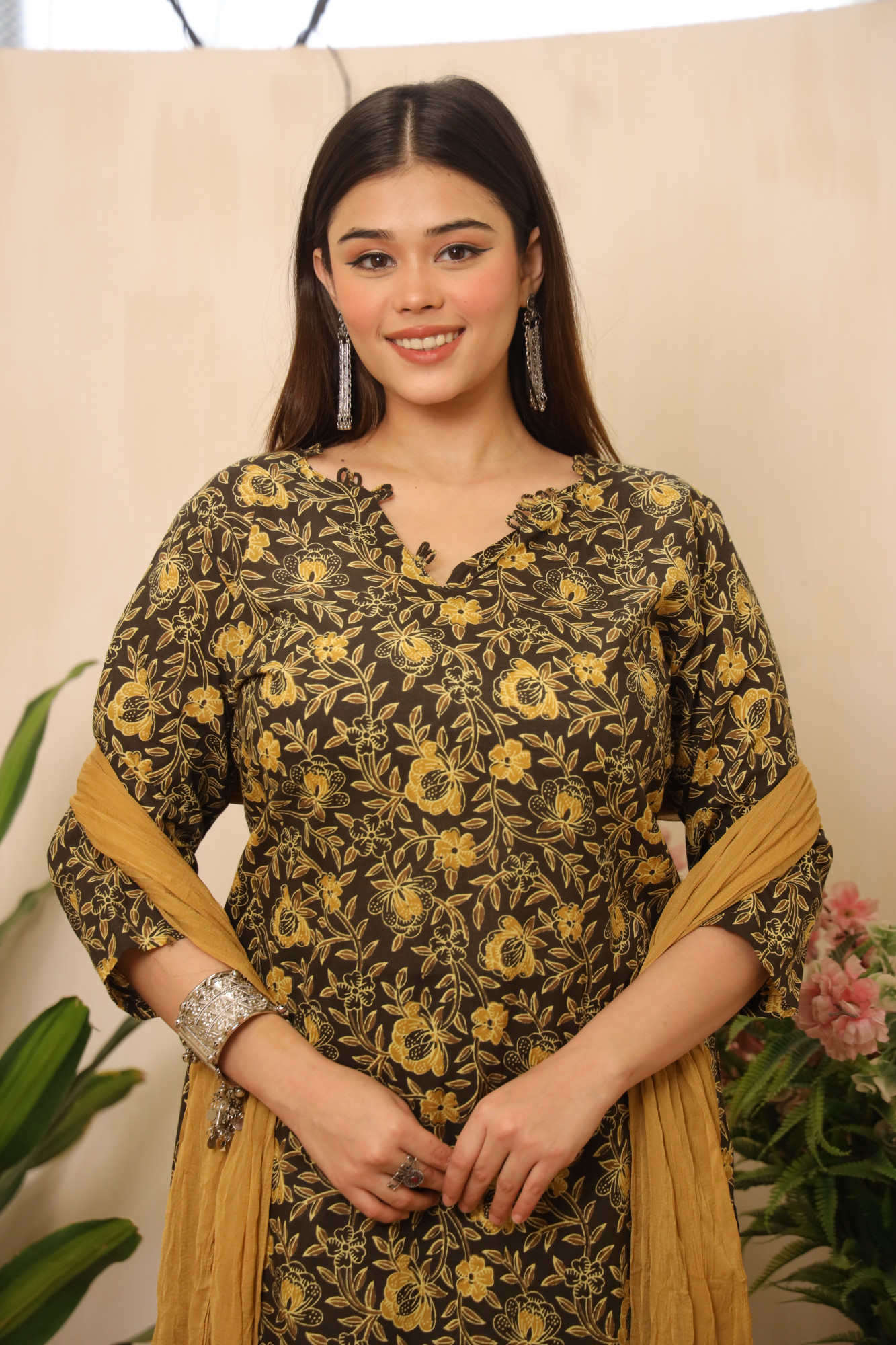 Mustard Floral Printed Straight Suit Set