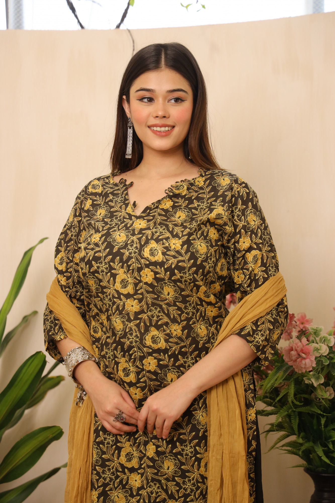 Mustard Floral Printed Straight Suit Set