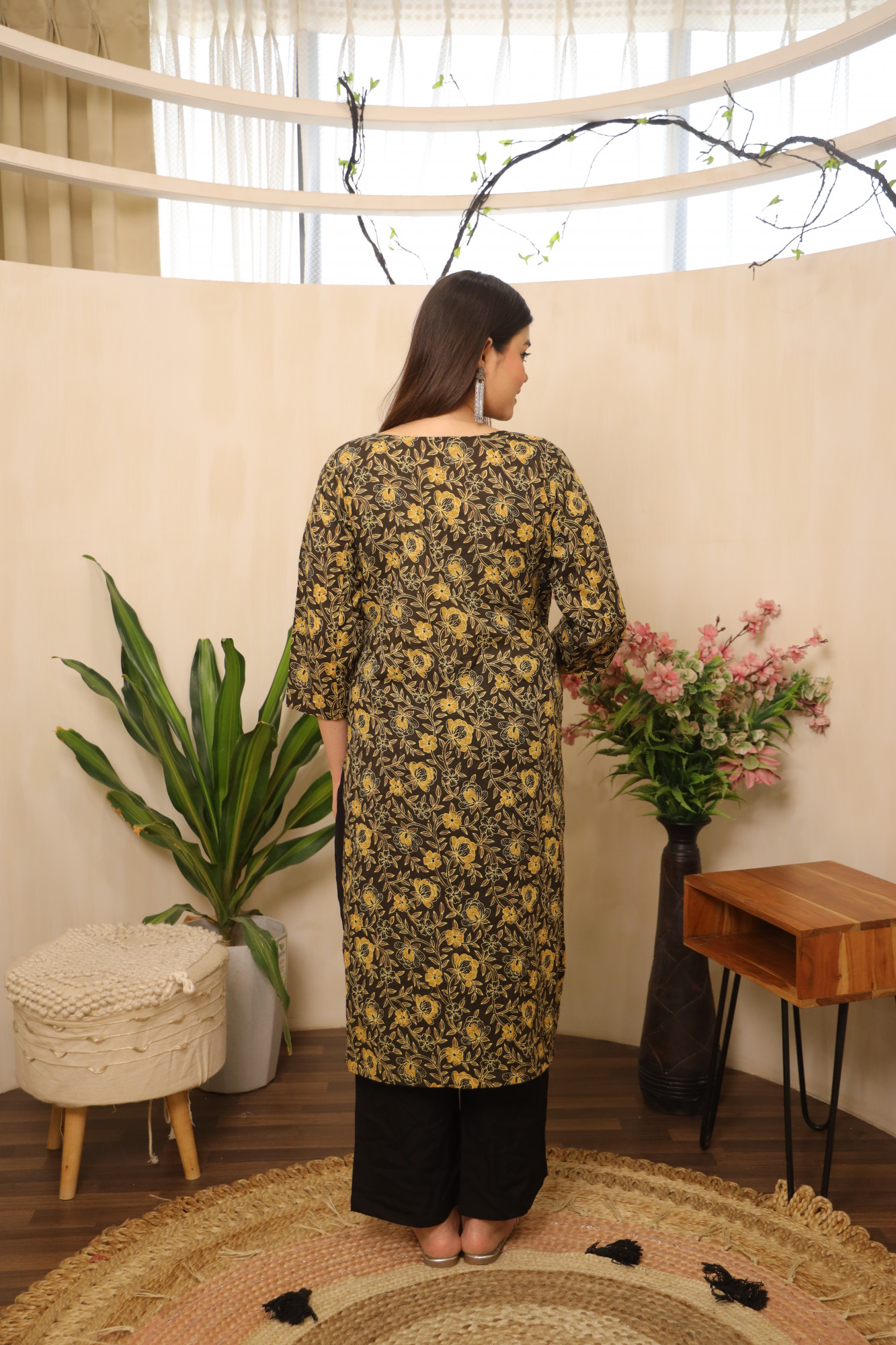 Mustard Floral Printed Straight Suit Set