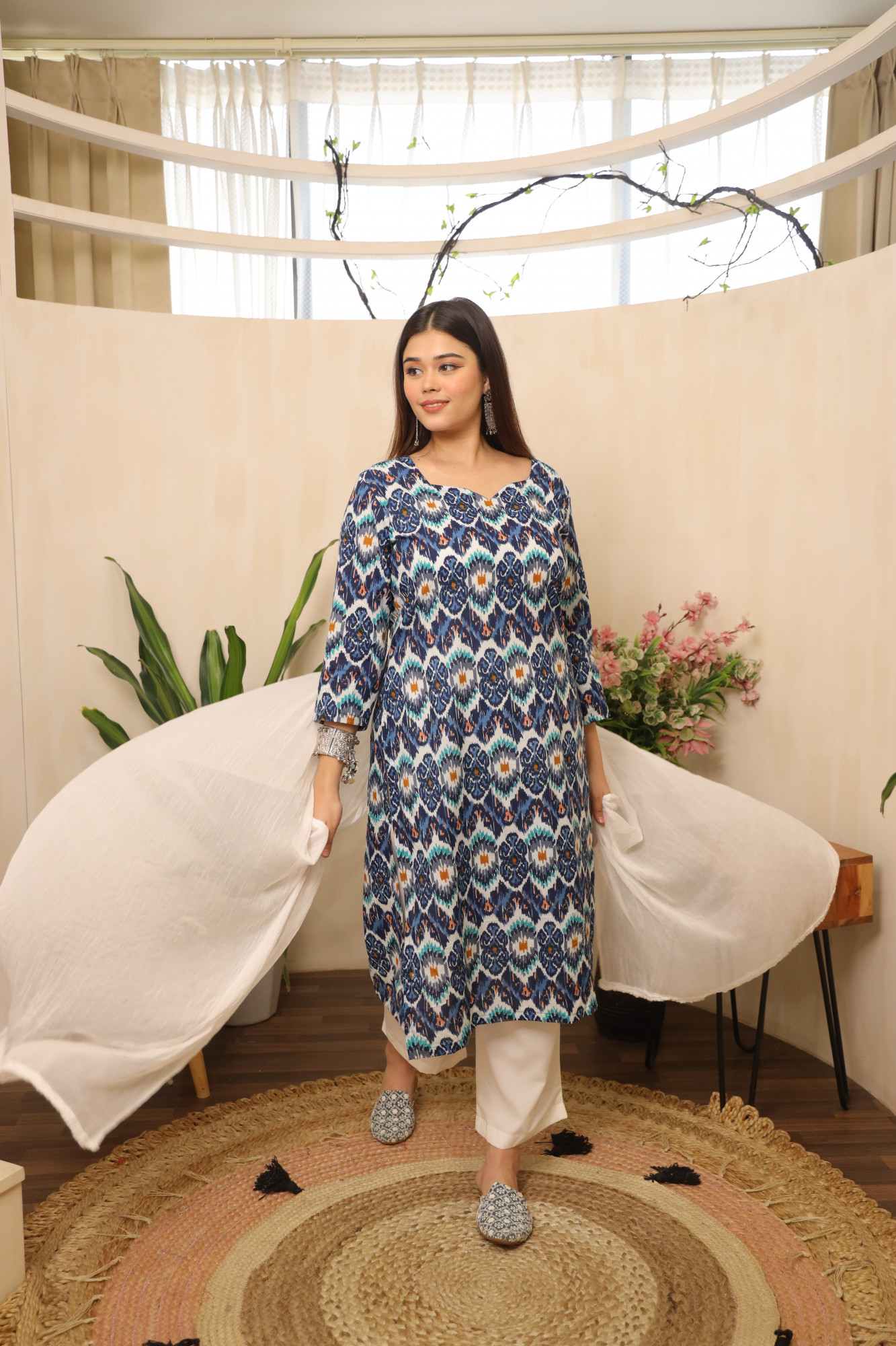 Blue and White Printed Straight Suit Set