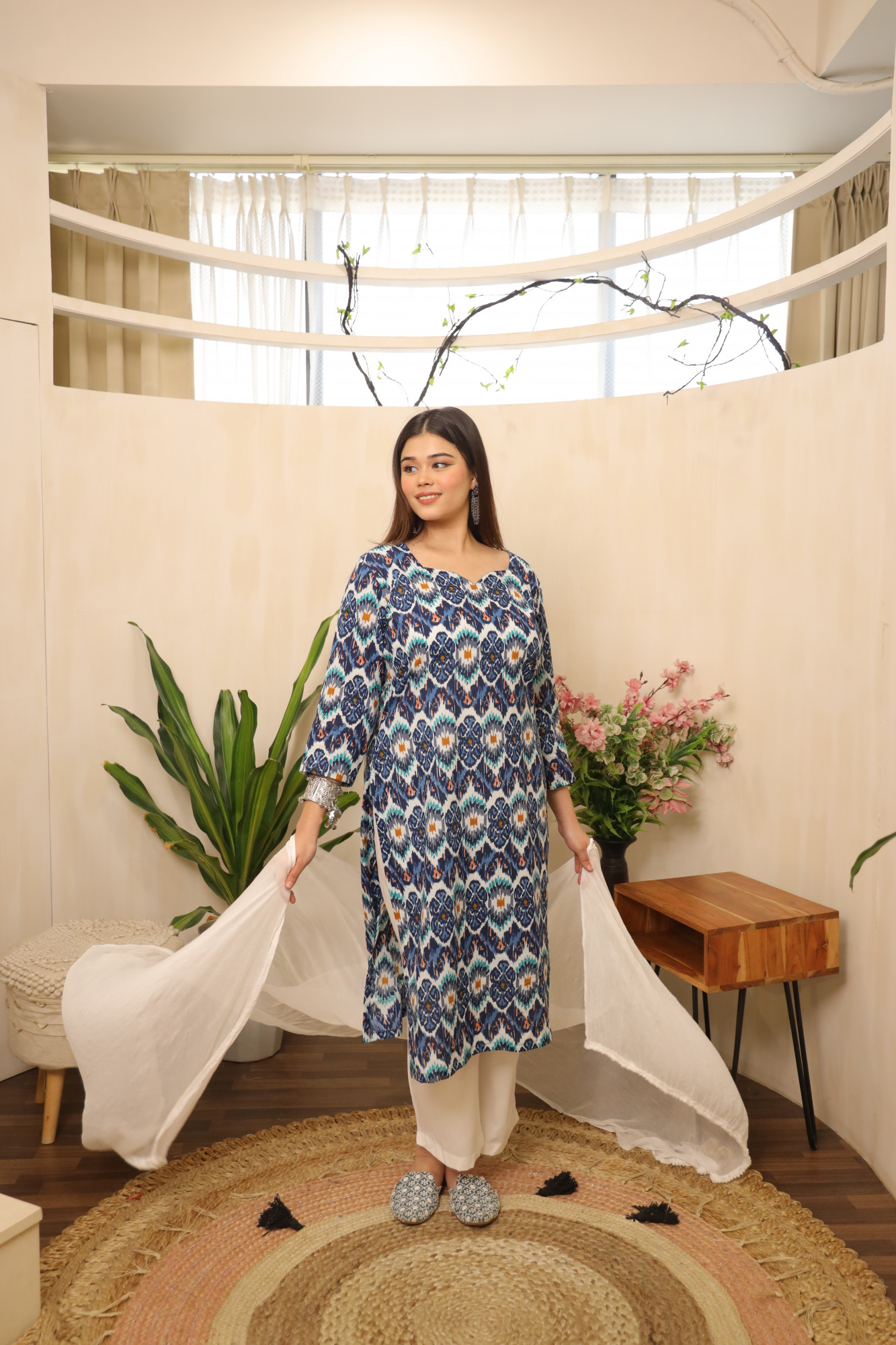 Blue and White Printed Straight Suit Set