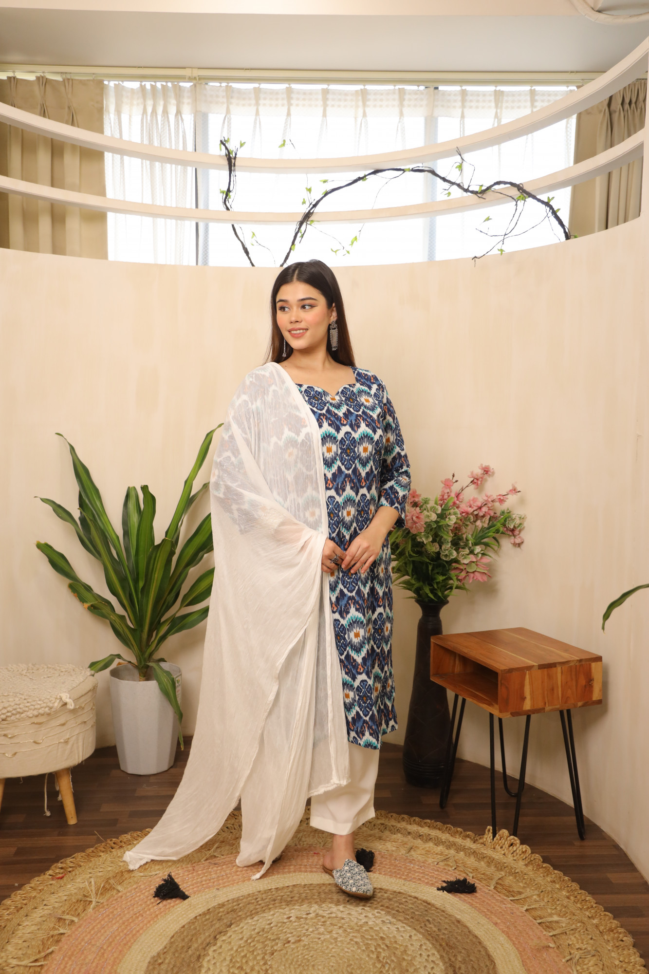 Blue and White Printed Straight Suit Set