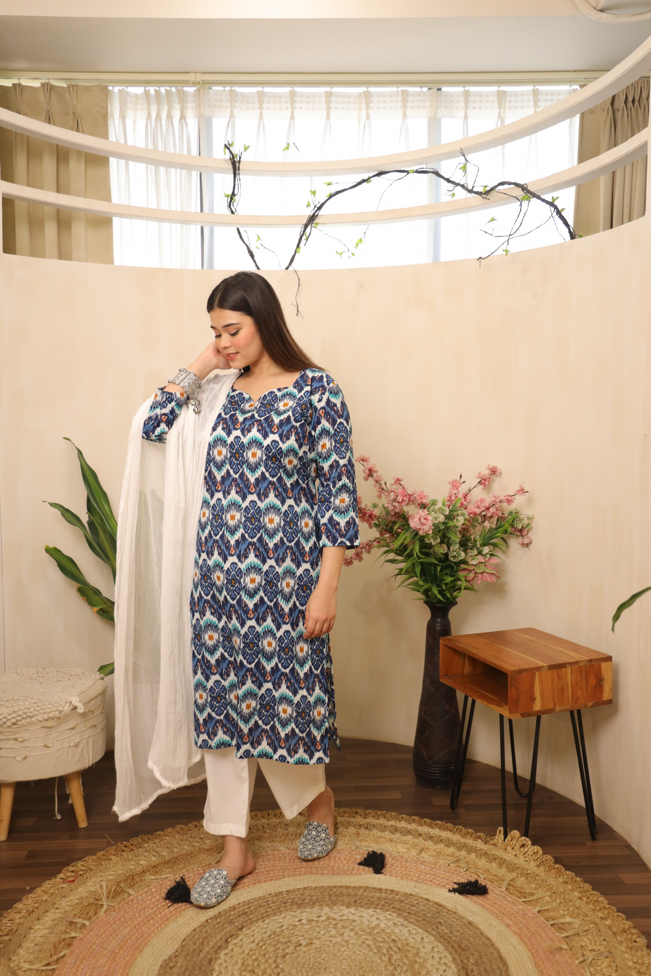 Blue and White Printed Straight Suit Set