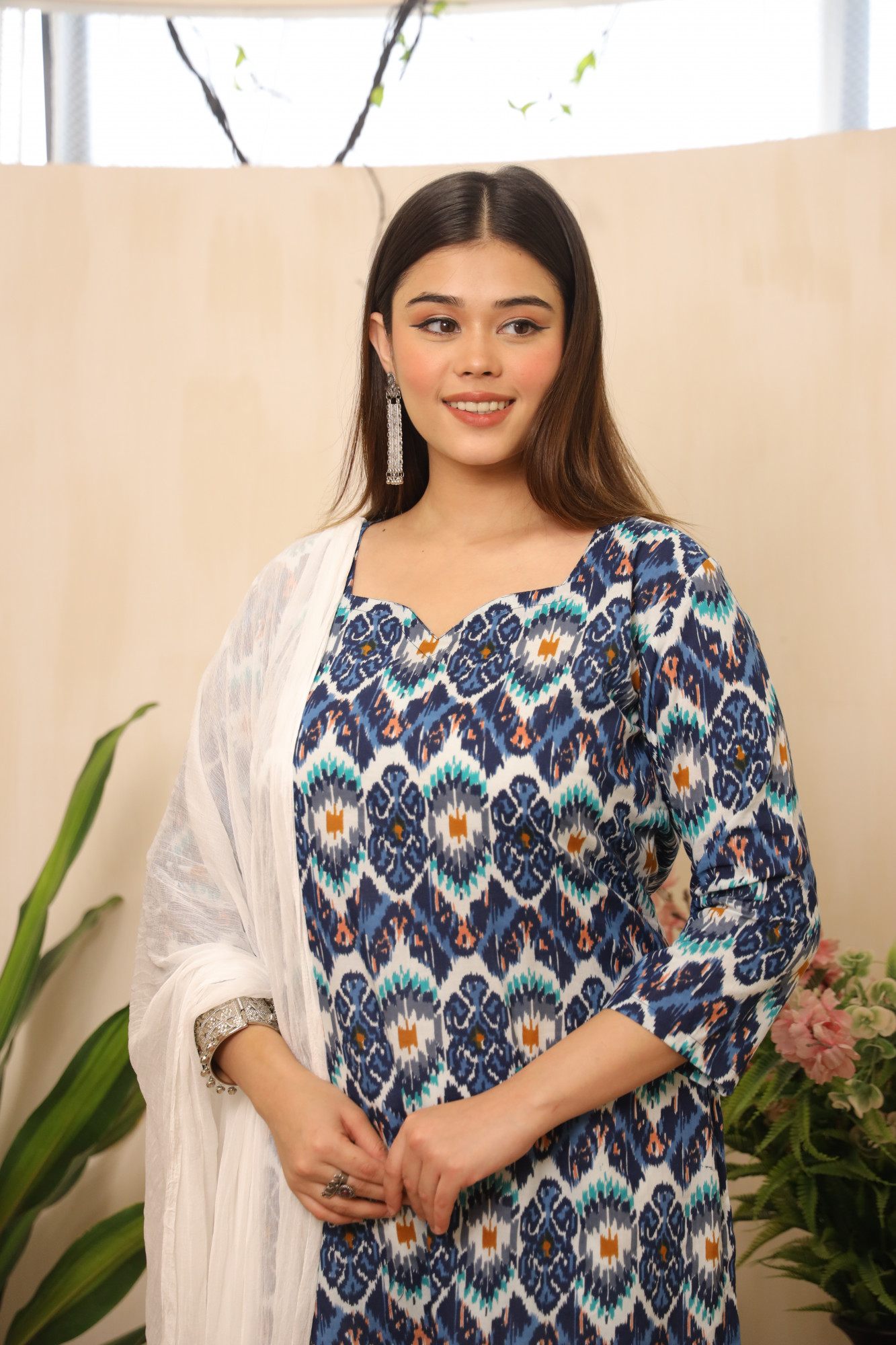 Blue and White Printed Straight Suit Set