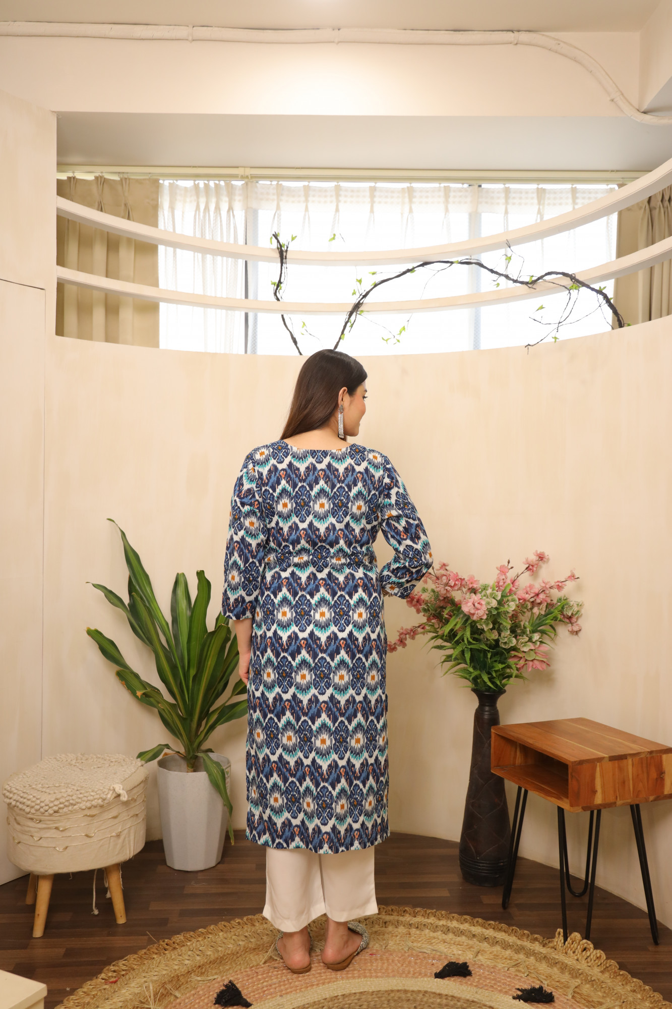 Blue and White Printed Straight Suit Set