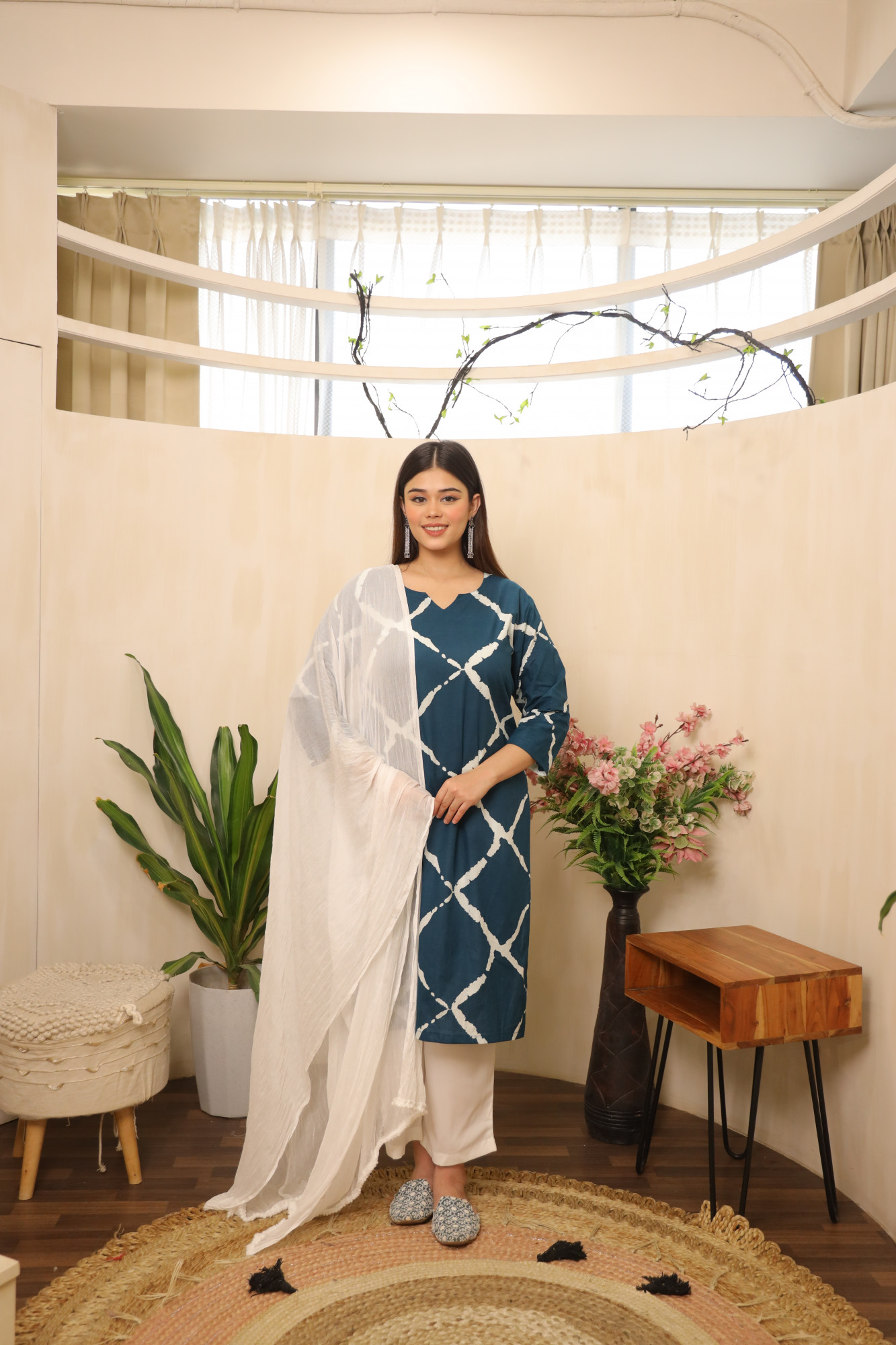 Indigo and white Straight Suit Set