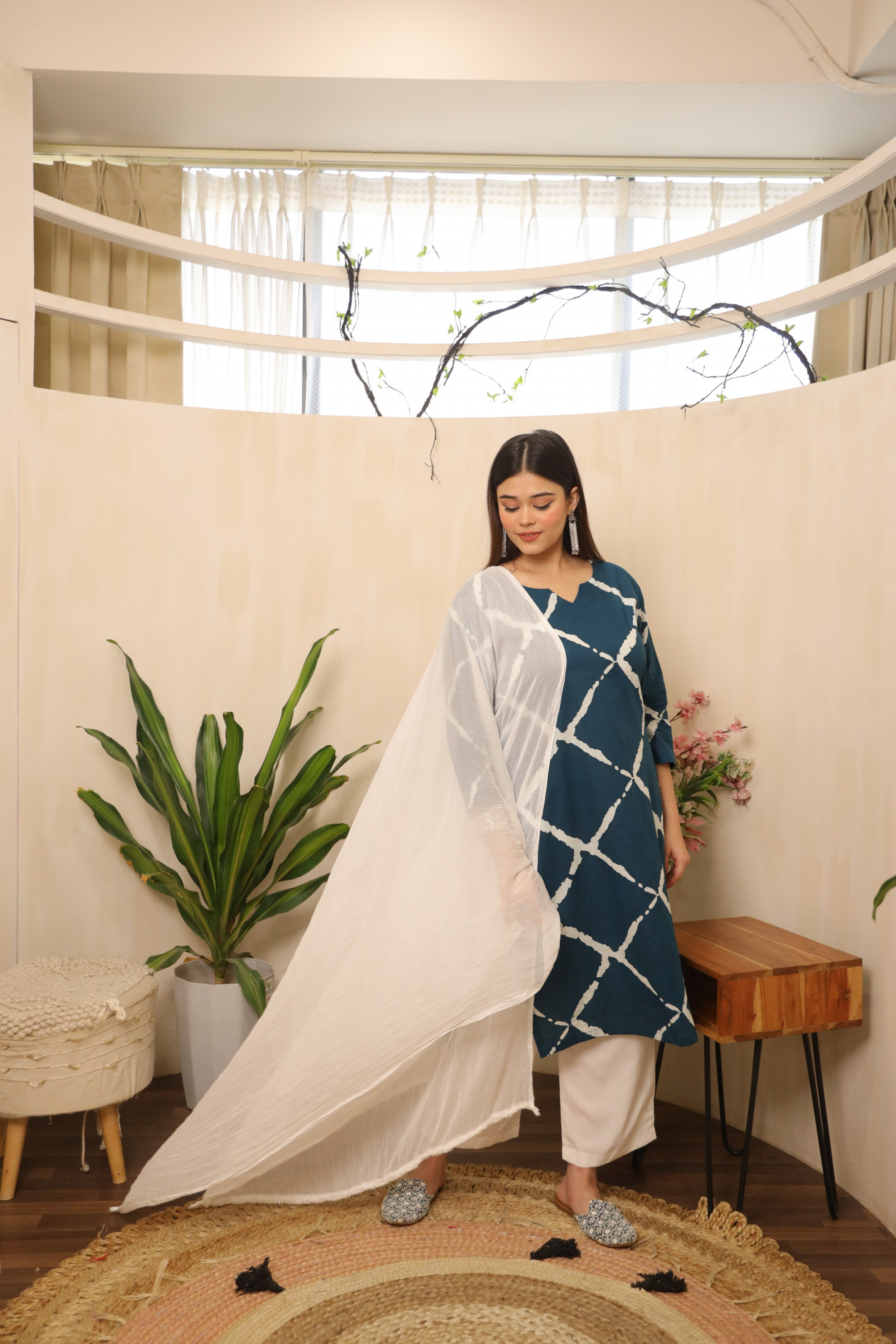 Indigo and white Straight Suit Set