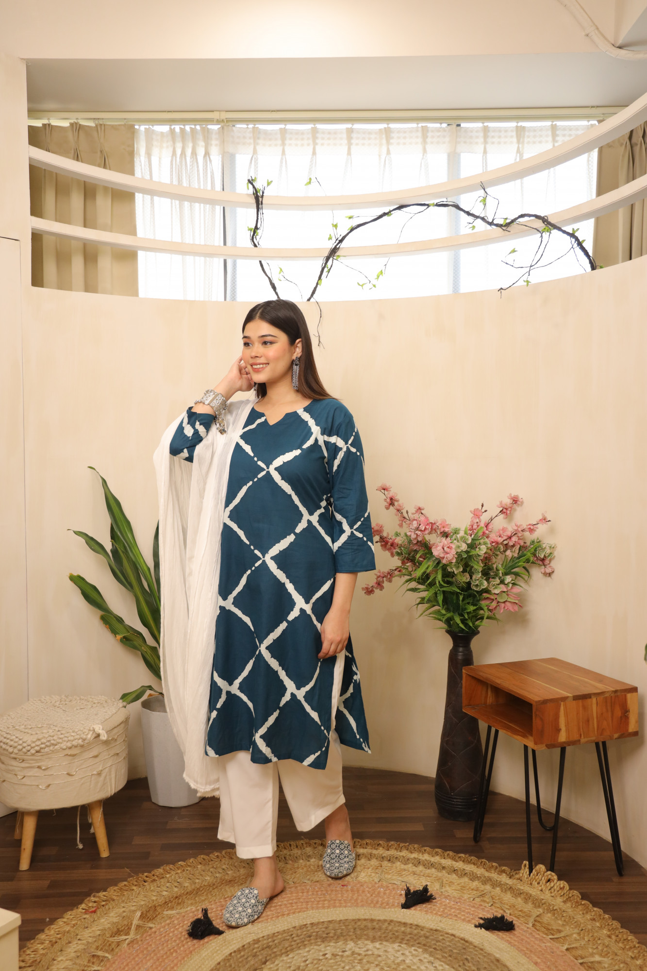 Indigo and white Straight Suit Set