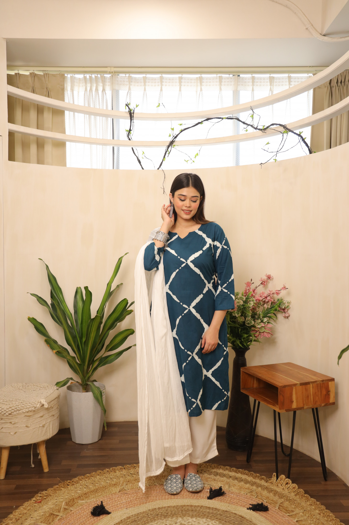 Indigo and white Straight Suit Set