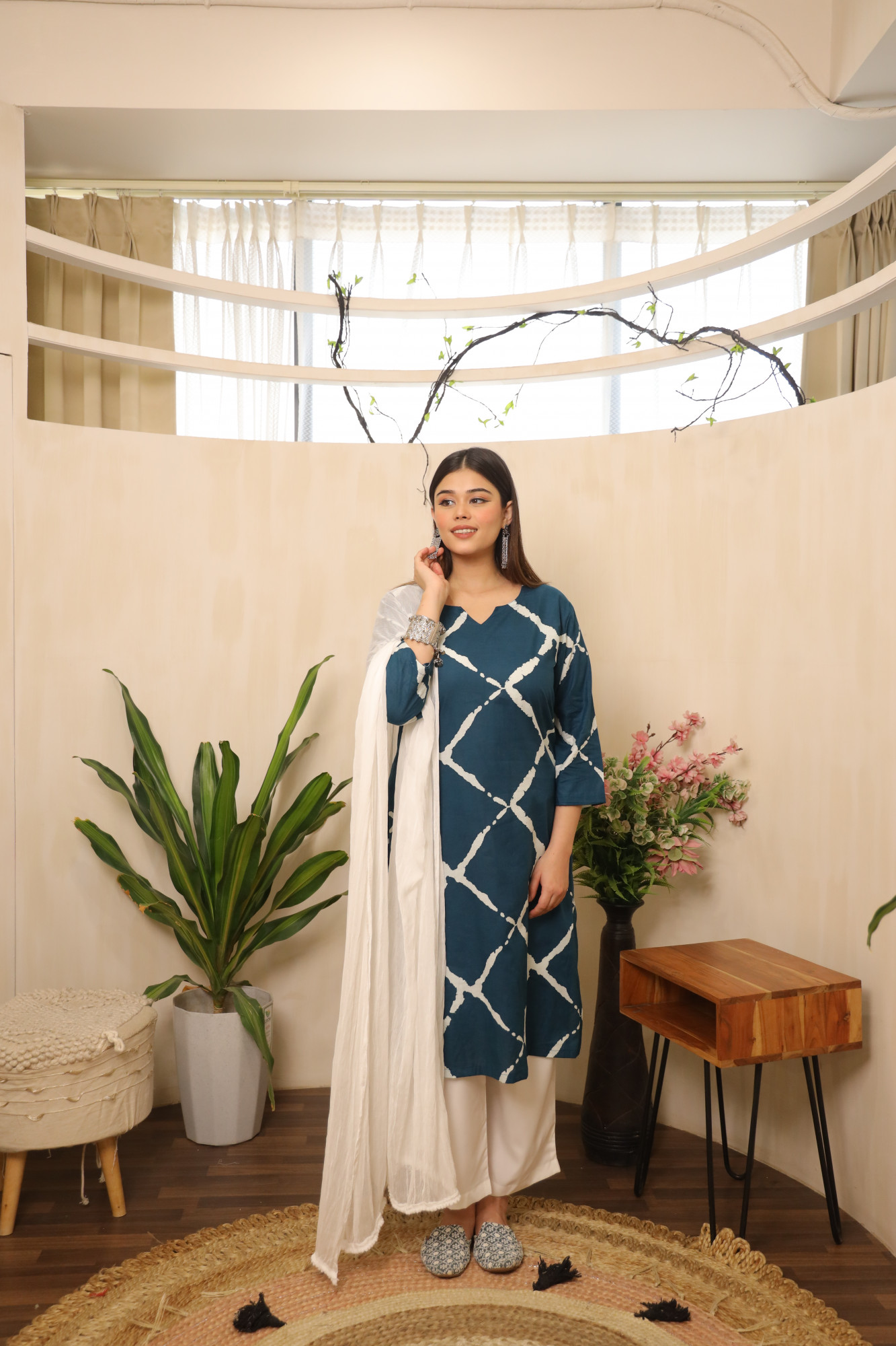 Indigo and white Straight Suit Set