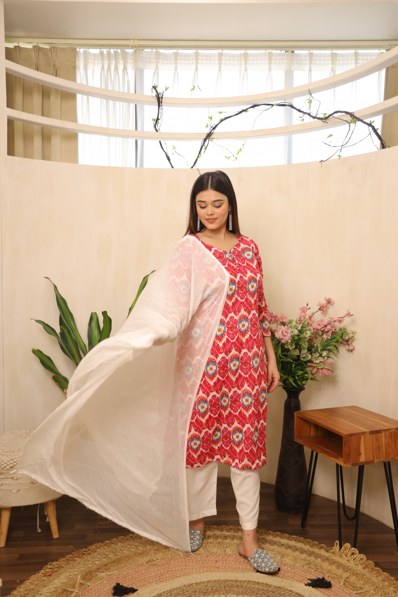 Pink and White Straight Suit Set