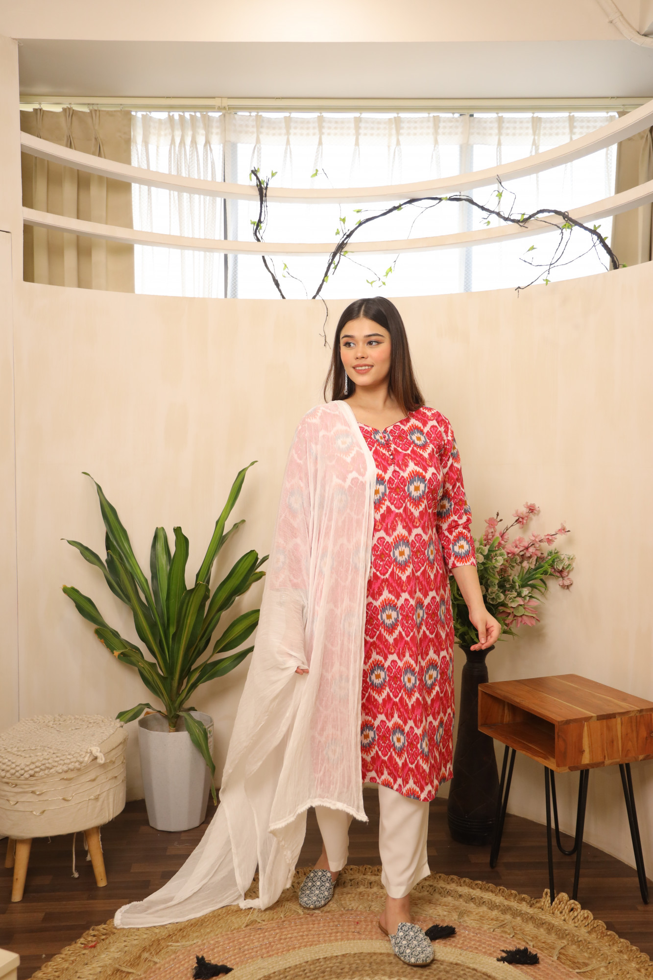 Pink and White Straight Suit Set