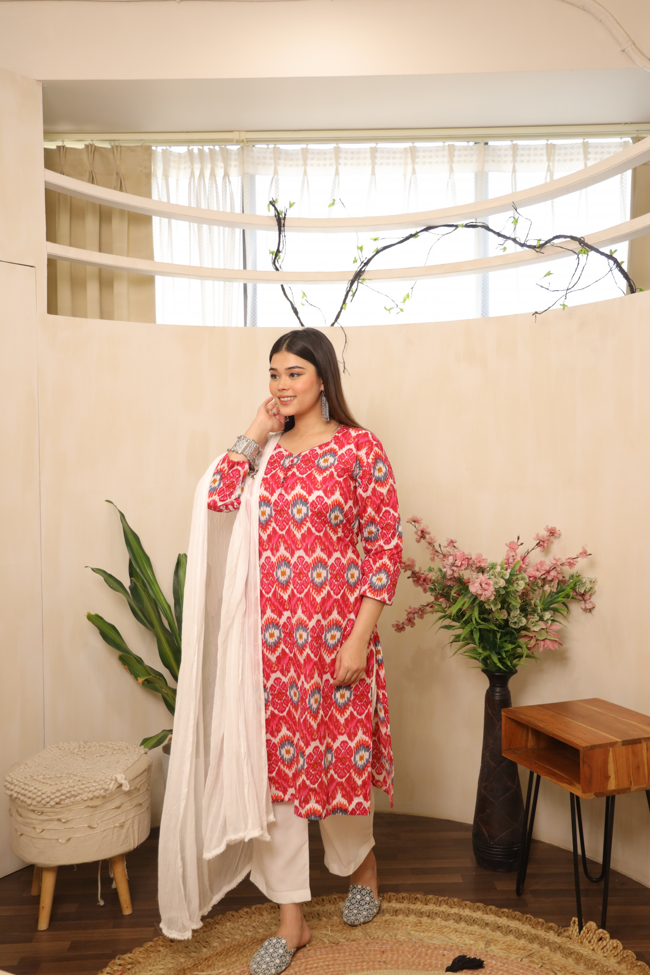 Pink and White Straight Suit Set