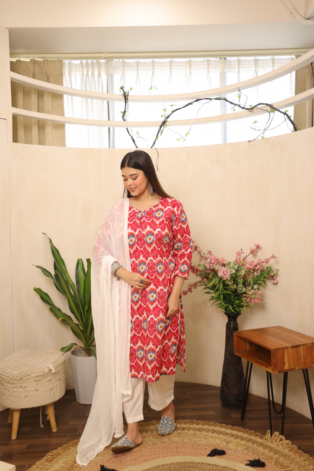 Pink and White Straight Suit Set