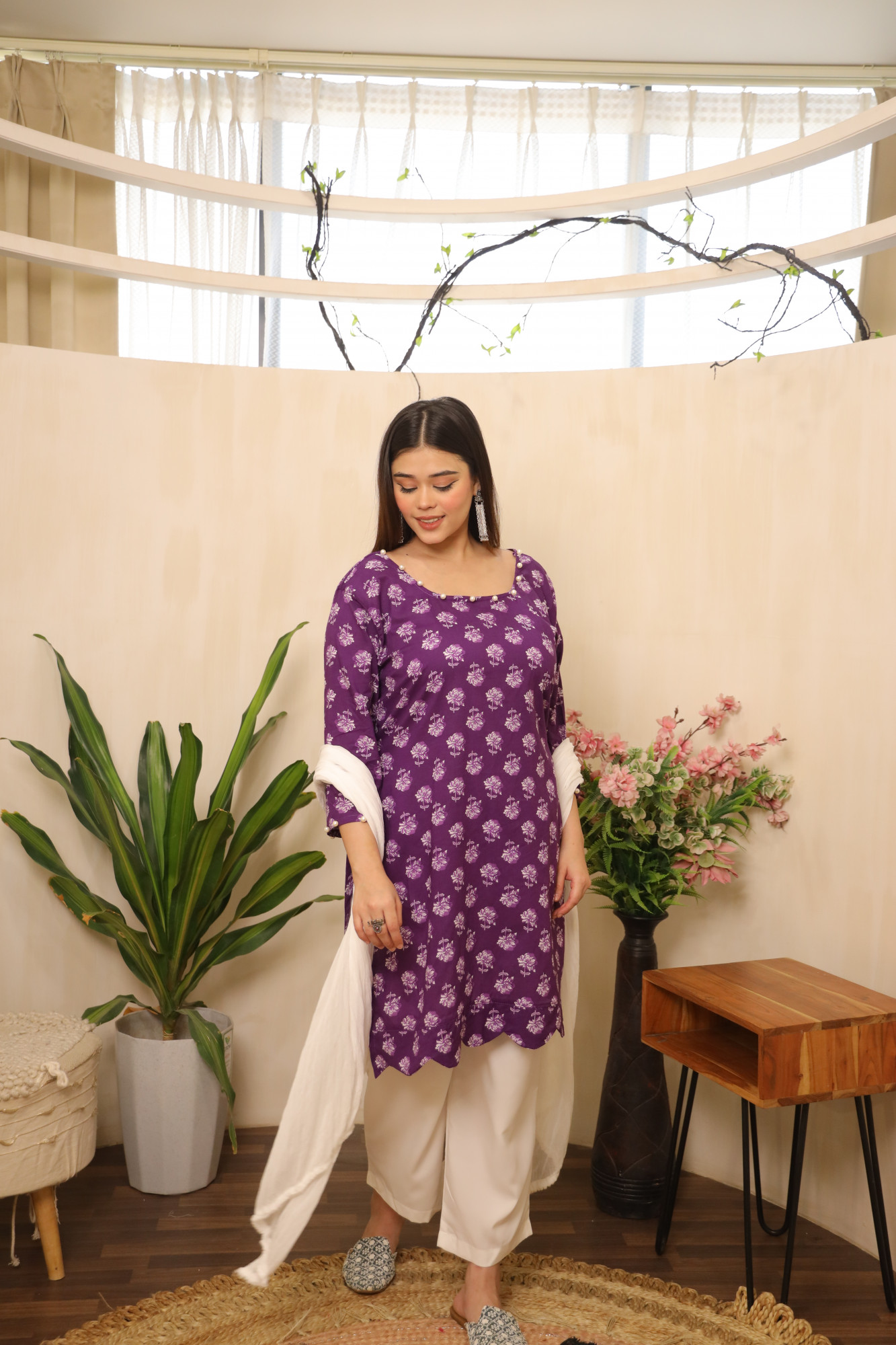 Brinjal and White Straight Suit Set