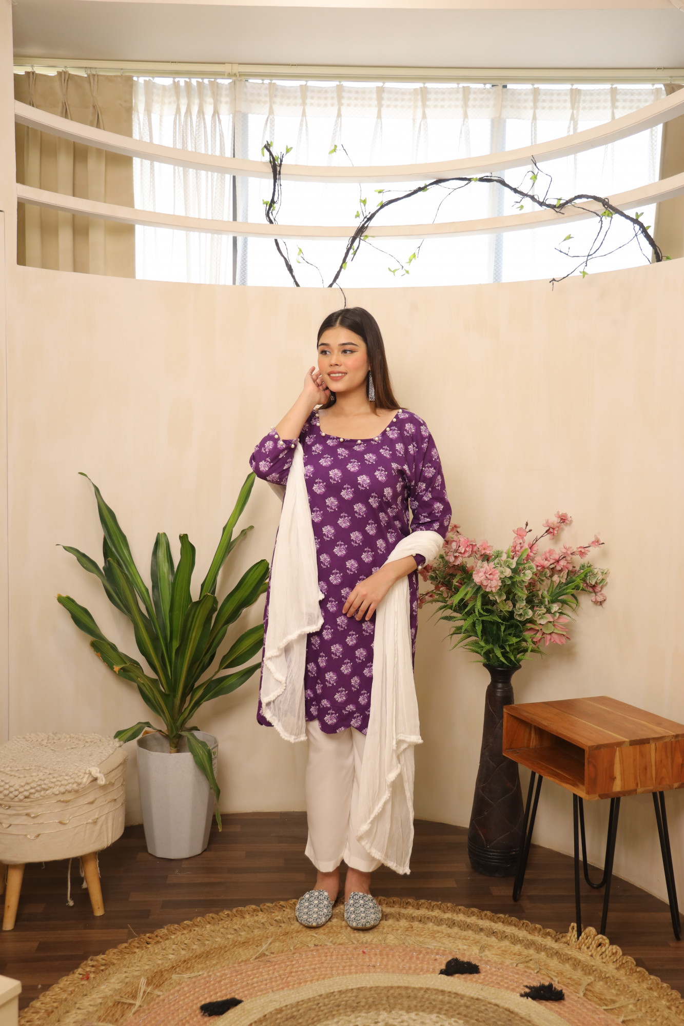 Brinjal and White Straight Suit Set