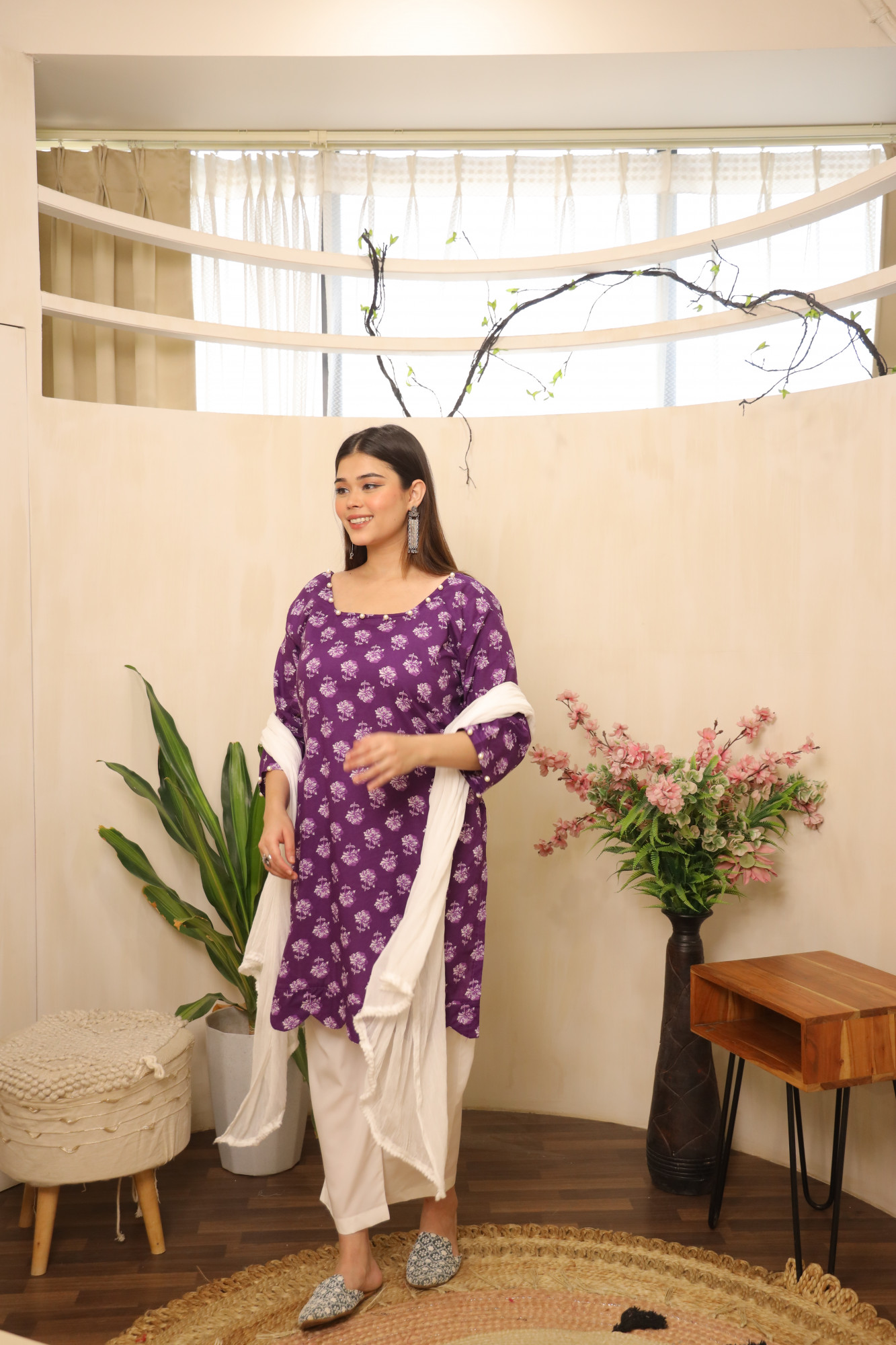 Brinjal and White Straight Suit Set