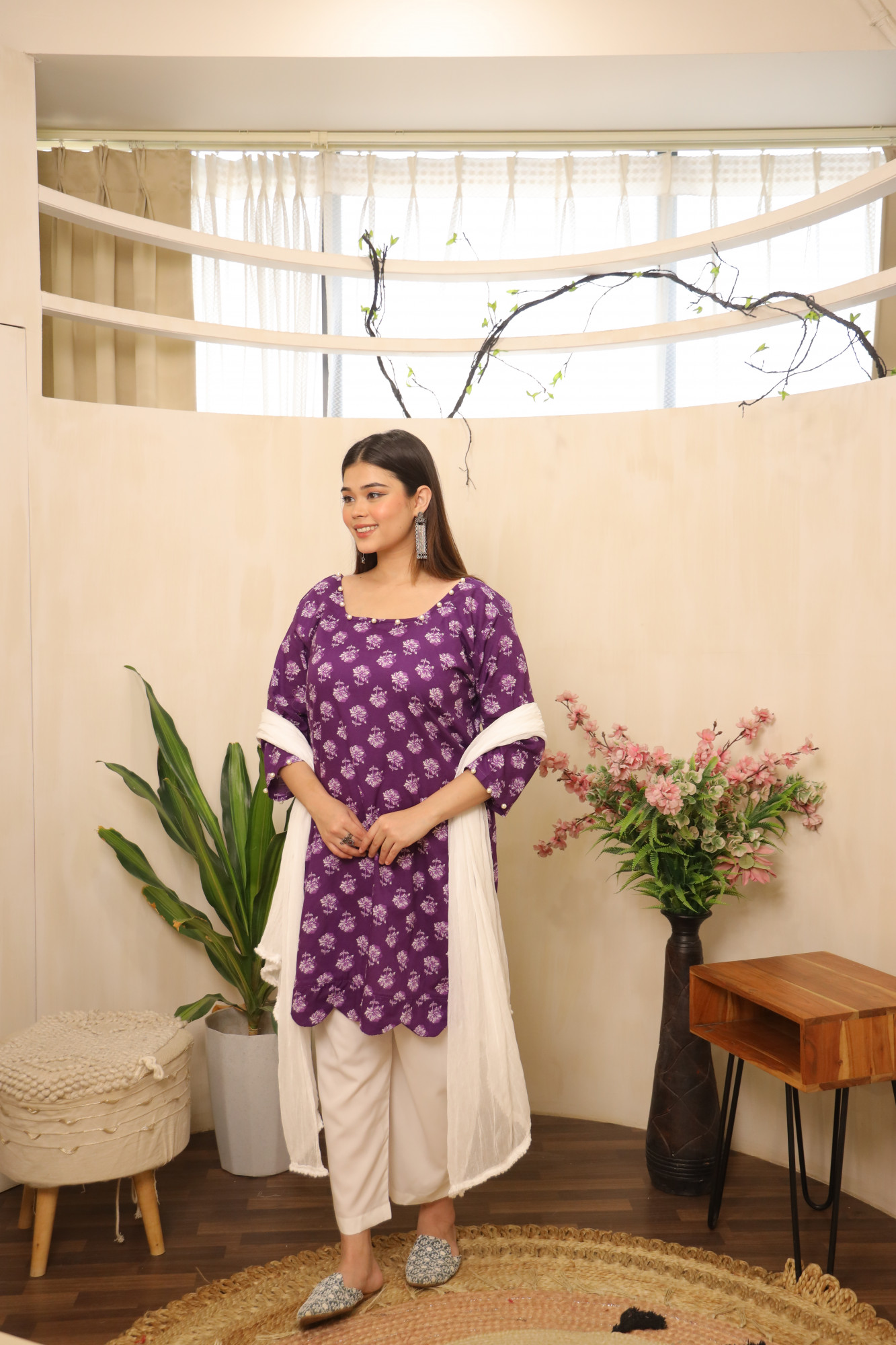 Brinjal and White Straight Suit Set