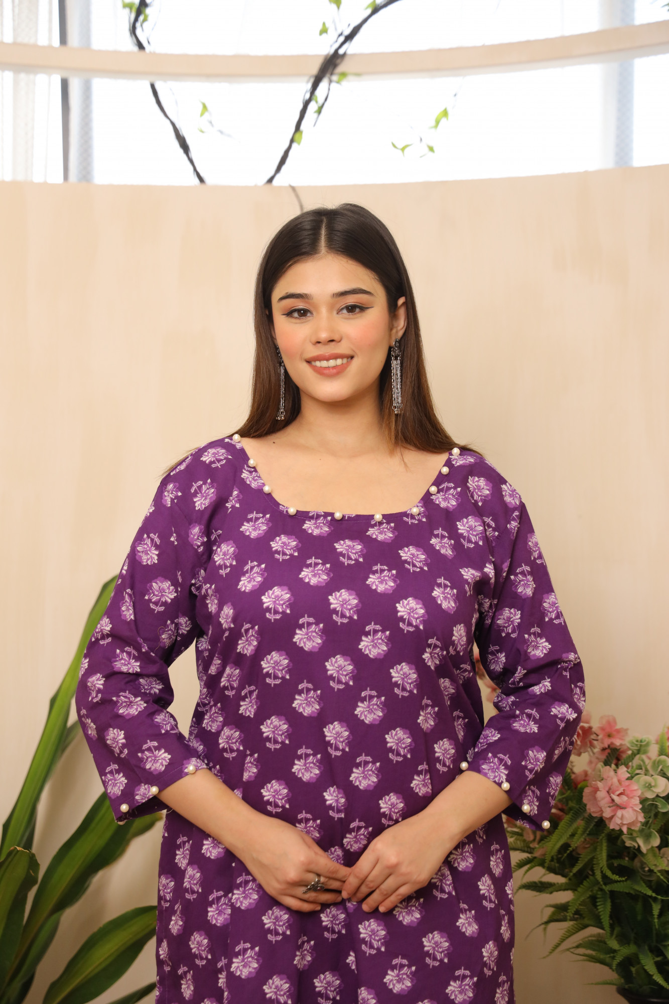 Brinjal and White Straight Suit Set