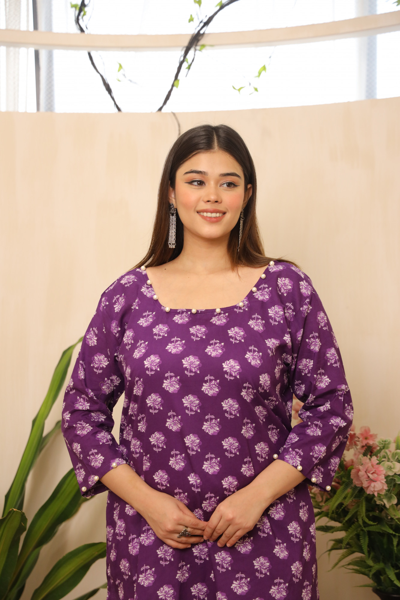 Brinjal and White Straight Suit Set