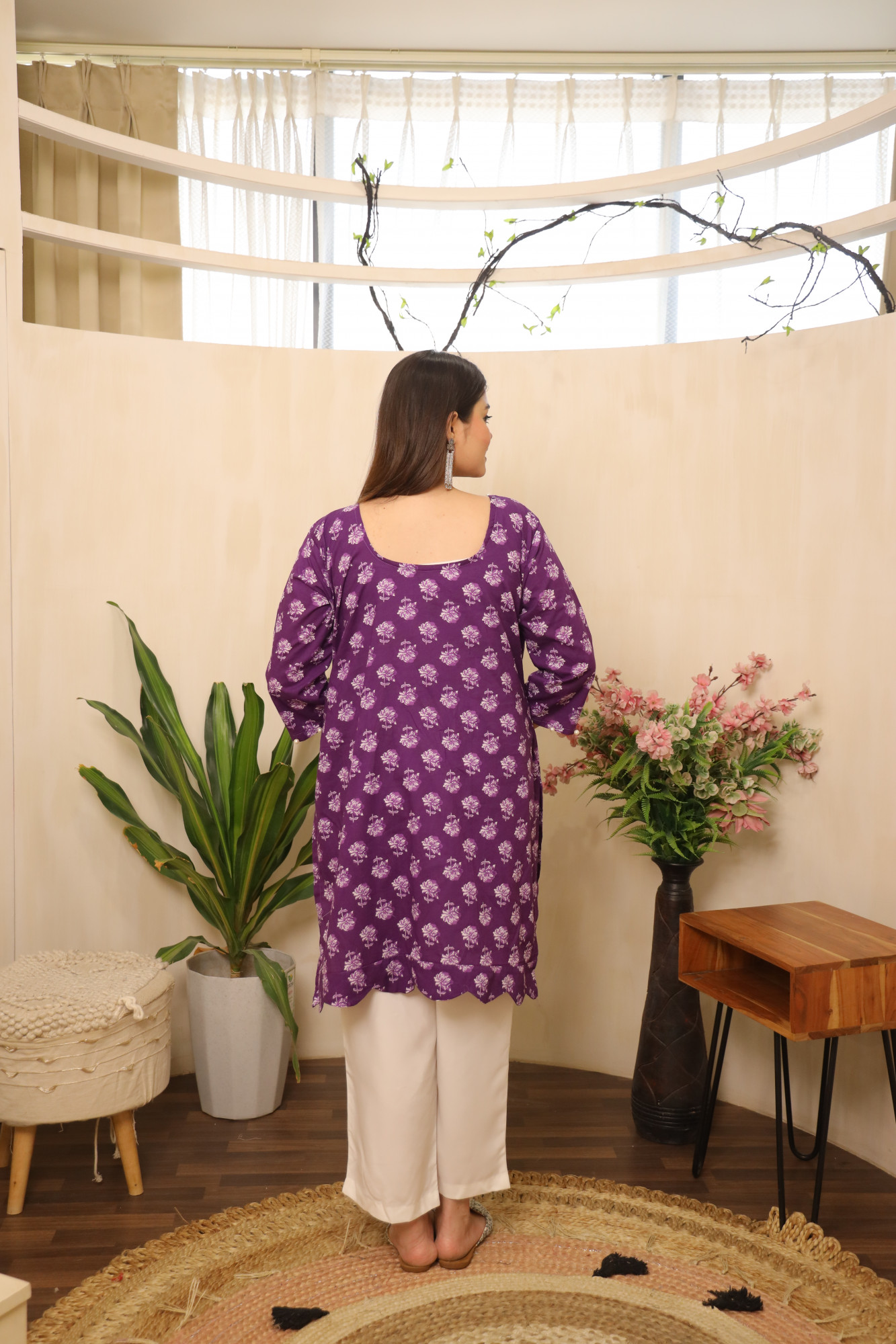 Brinjal and White Straight Suit Set