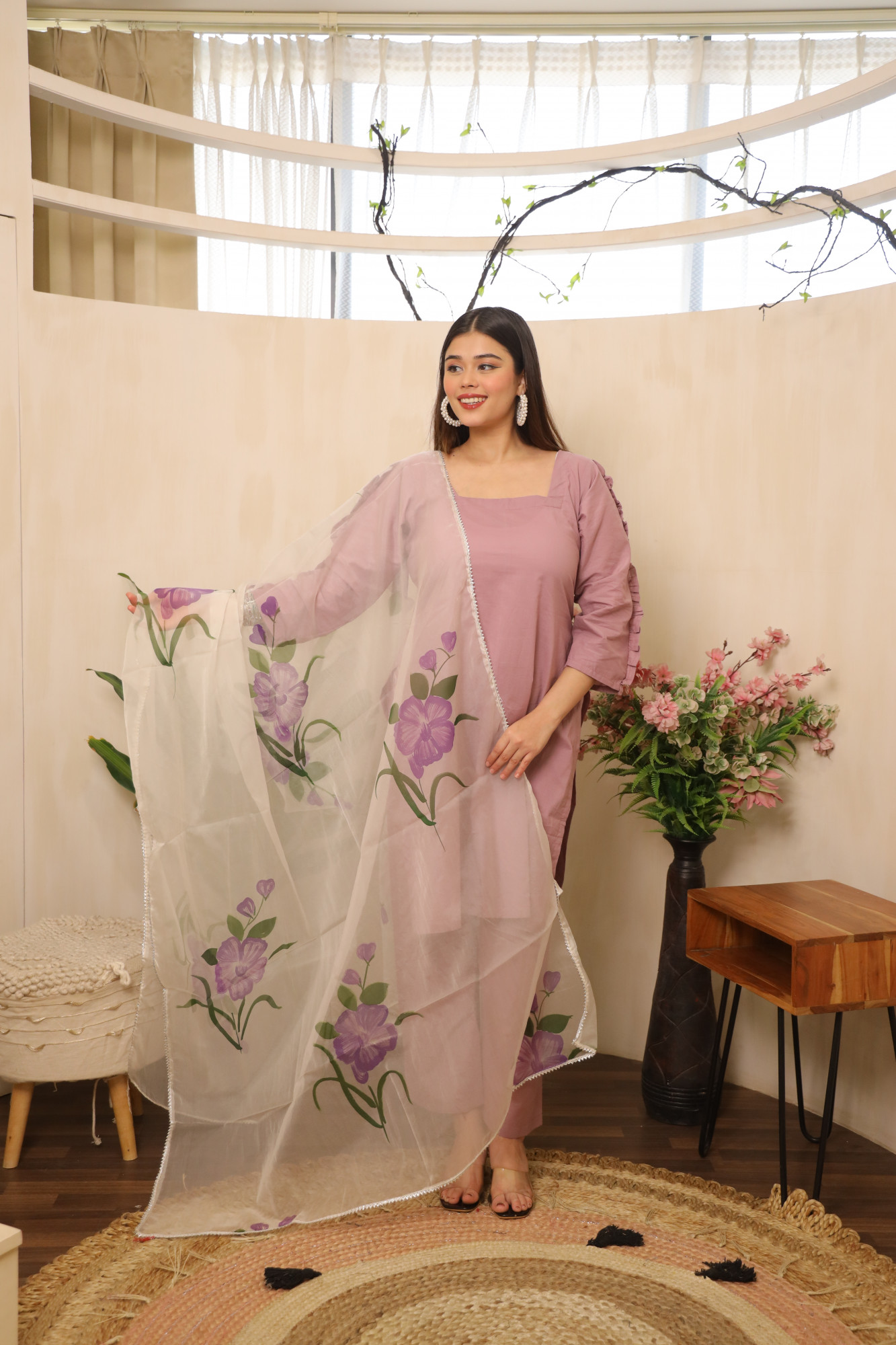 Lavender Straight Suit Set with HandPainted Dupatta
