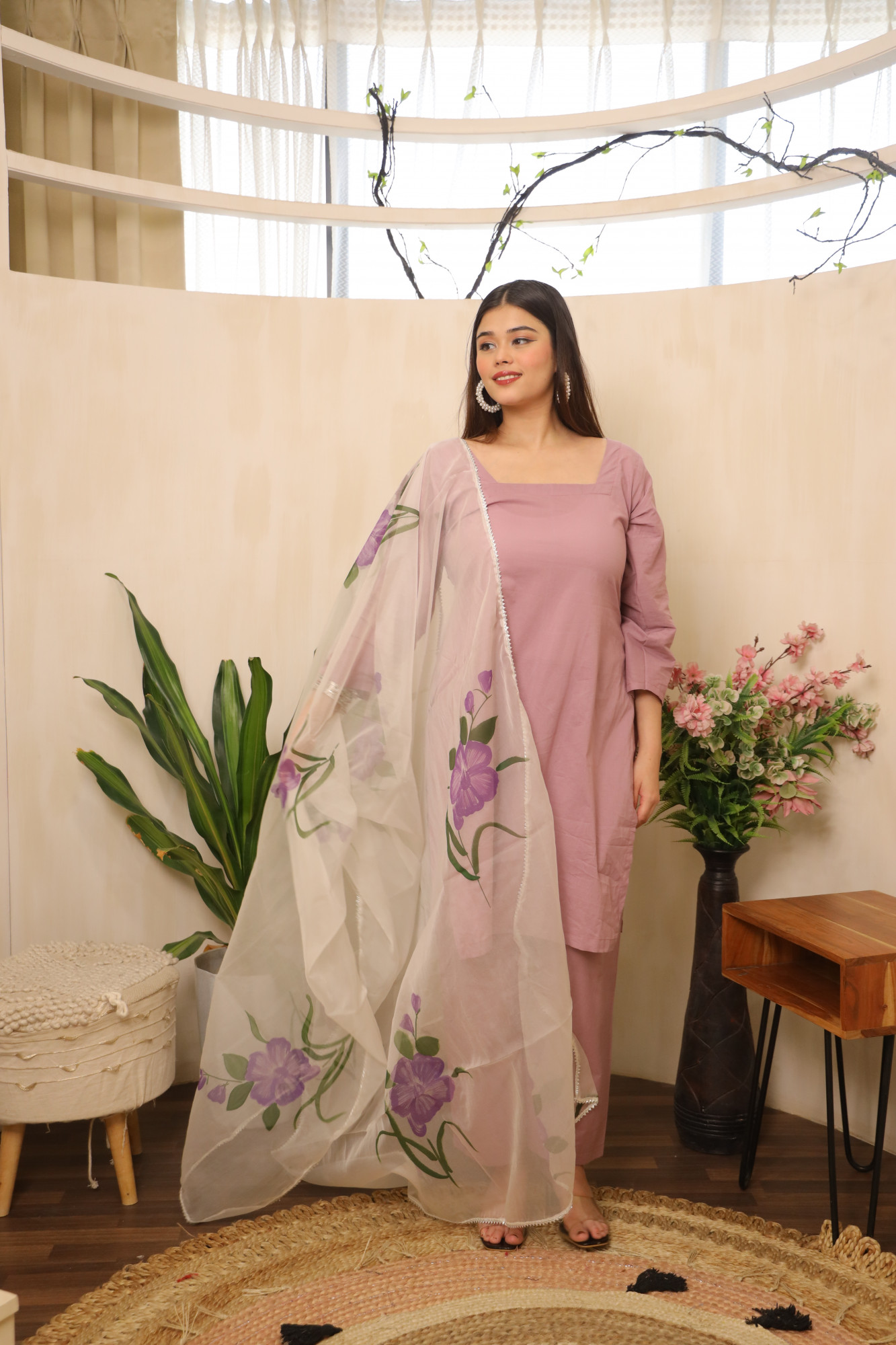 Lavender Straight Suit Set with HandPainted Dupatta