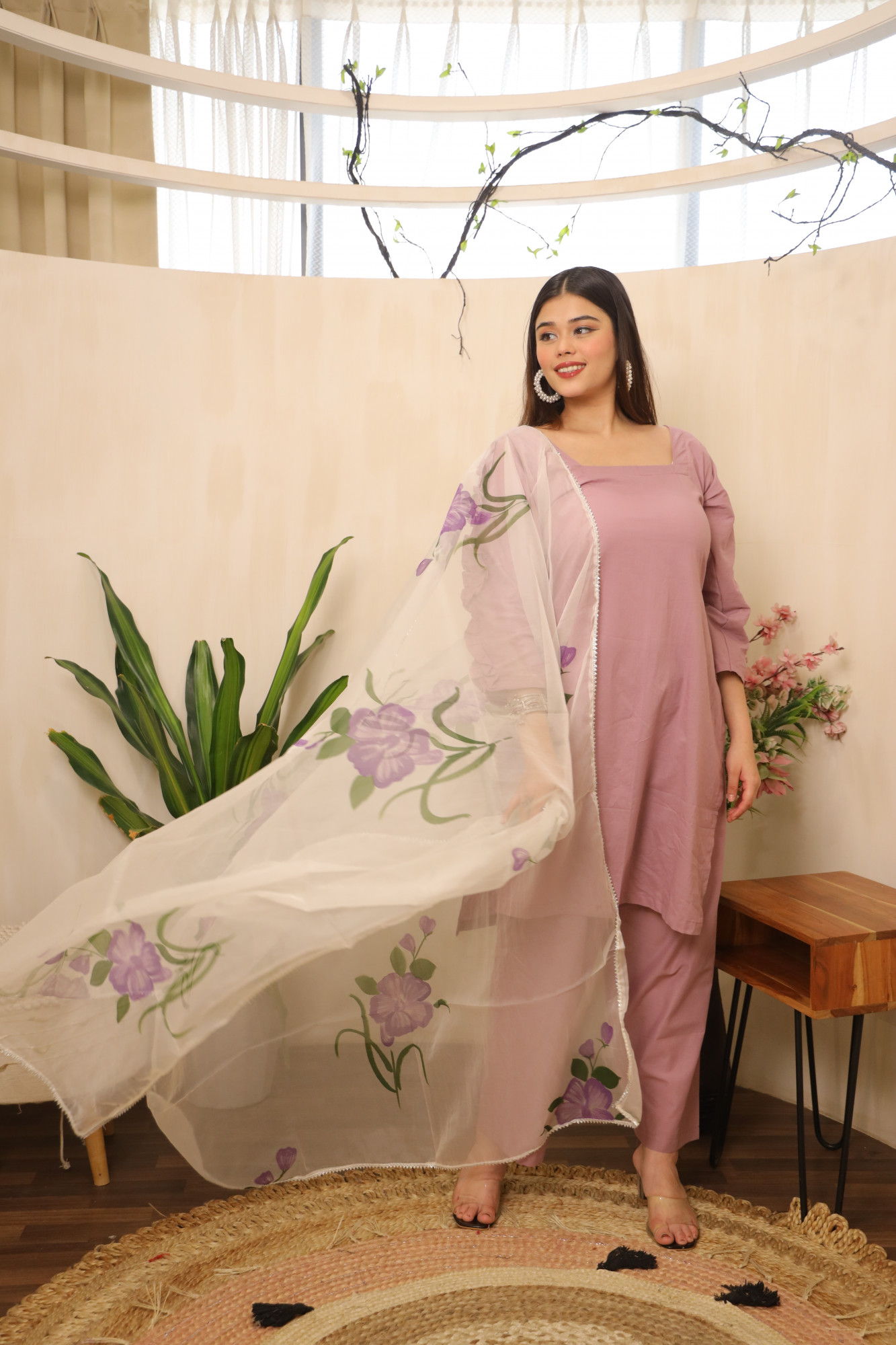 Lavender Straight Suit Set with HandPainted Dupatta