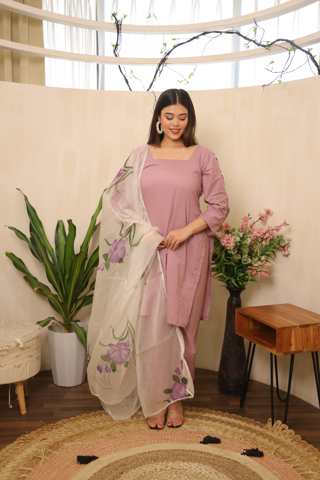 Lavender Straight Suit Set with HandPainted Dupatta