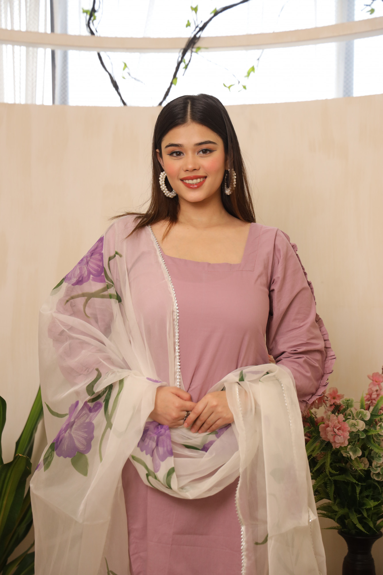 Lavender Straight Suit Set with HandPainted Dupatta