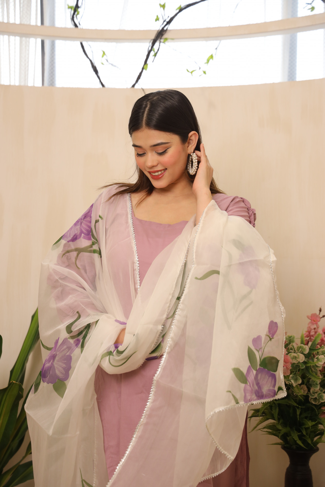 Lavender Straight Suit Set with HandPainted Dupatta