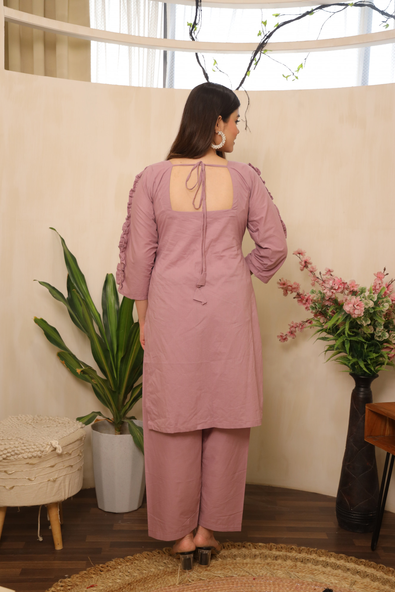 Lavender Straight Suit Set with HandPainted Dupatta