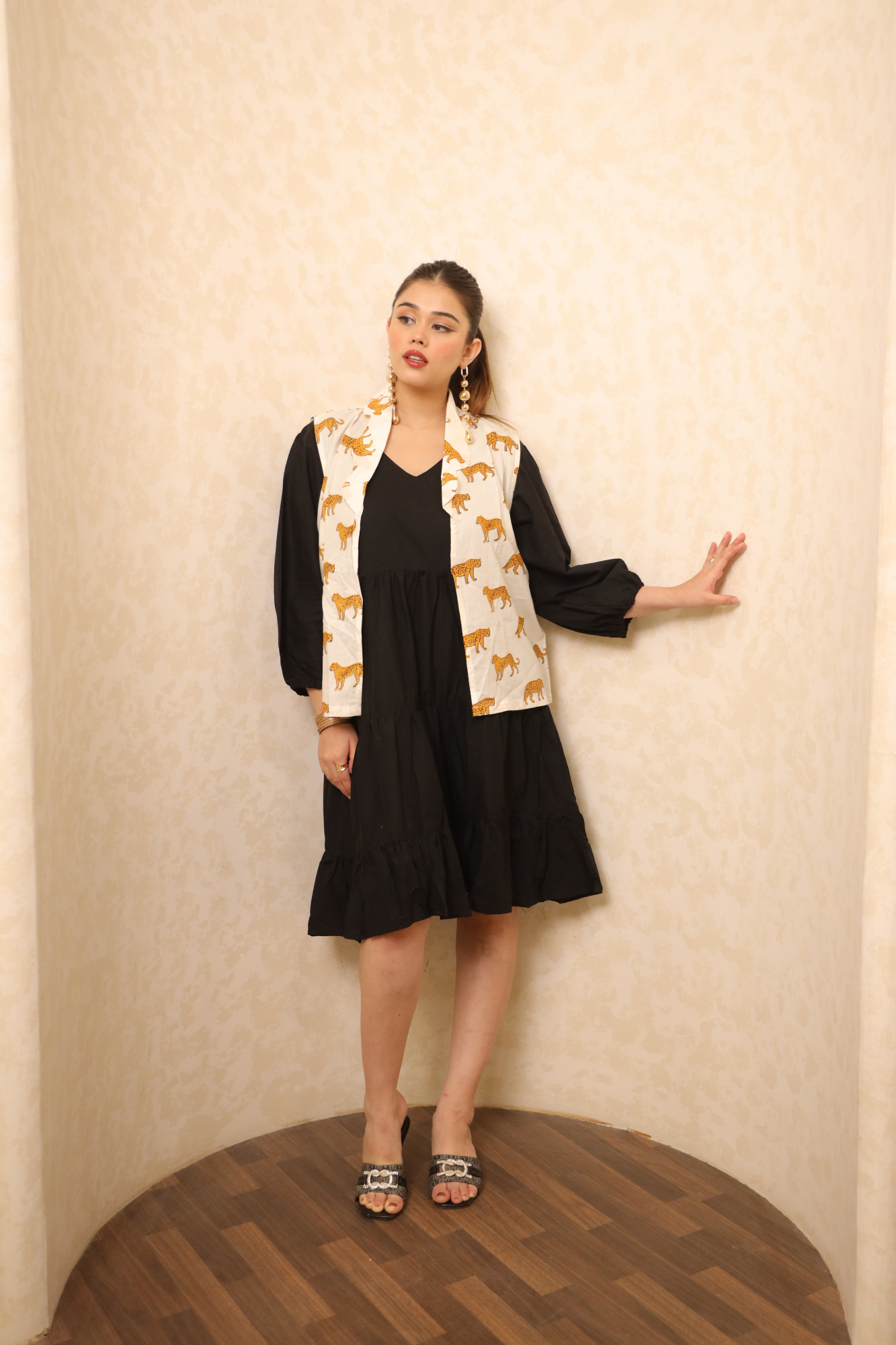 Black And White Animal Printed Dress with Jacket