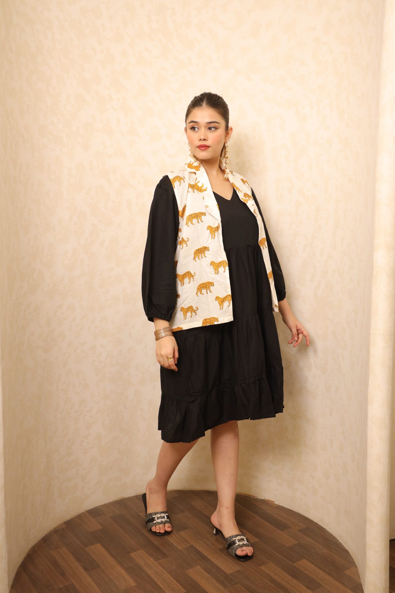 Black And White Animal Printed Dress with Jacket