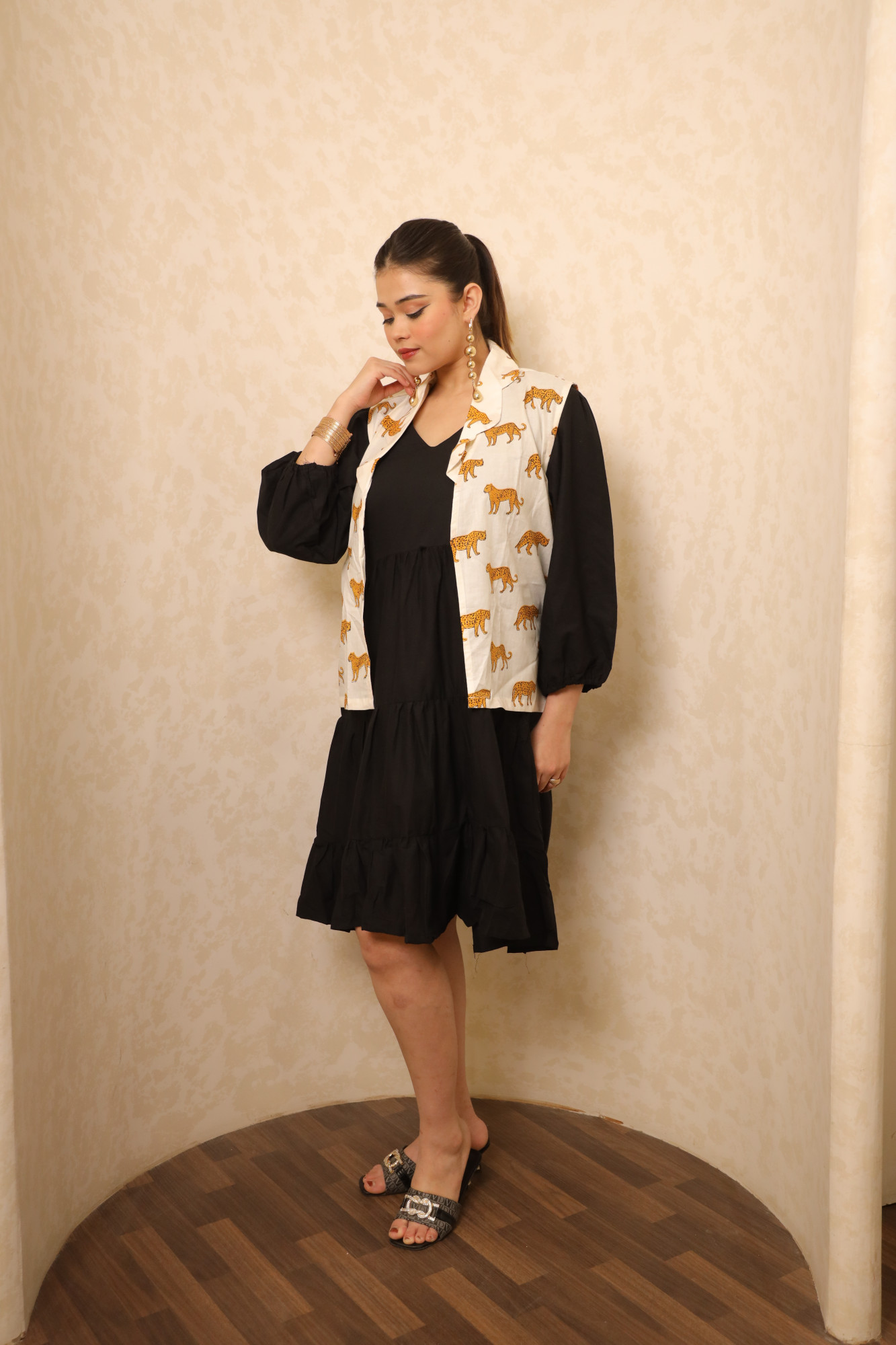 Black And White Animal Printed Dress with Jacket