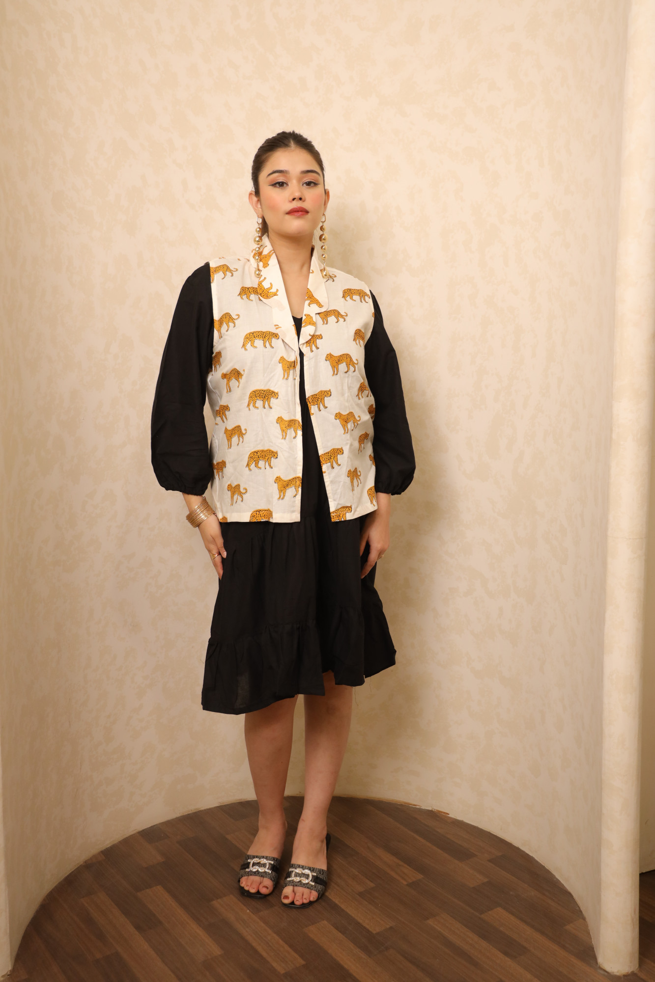 Black And White Animal Printed Dress with Jacket