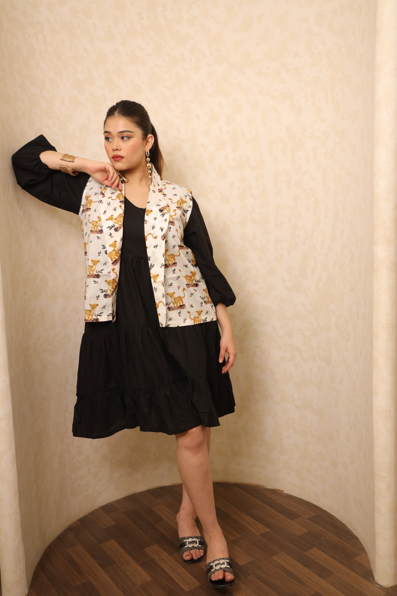 Black And White Animal Printed Dress with Jacket