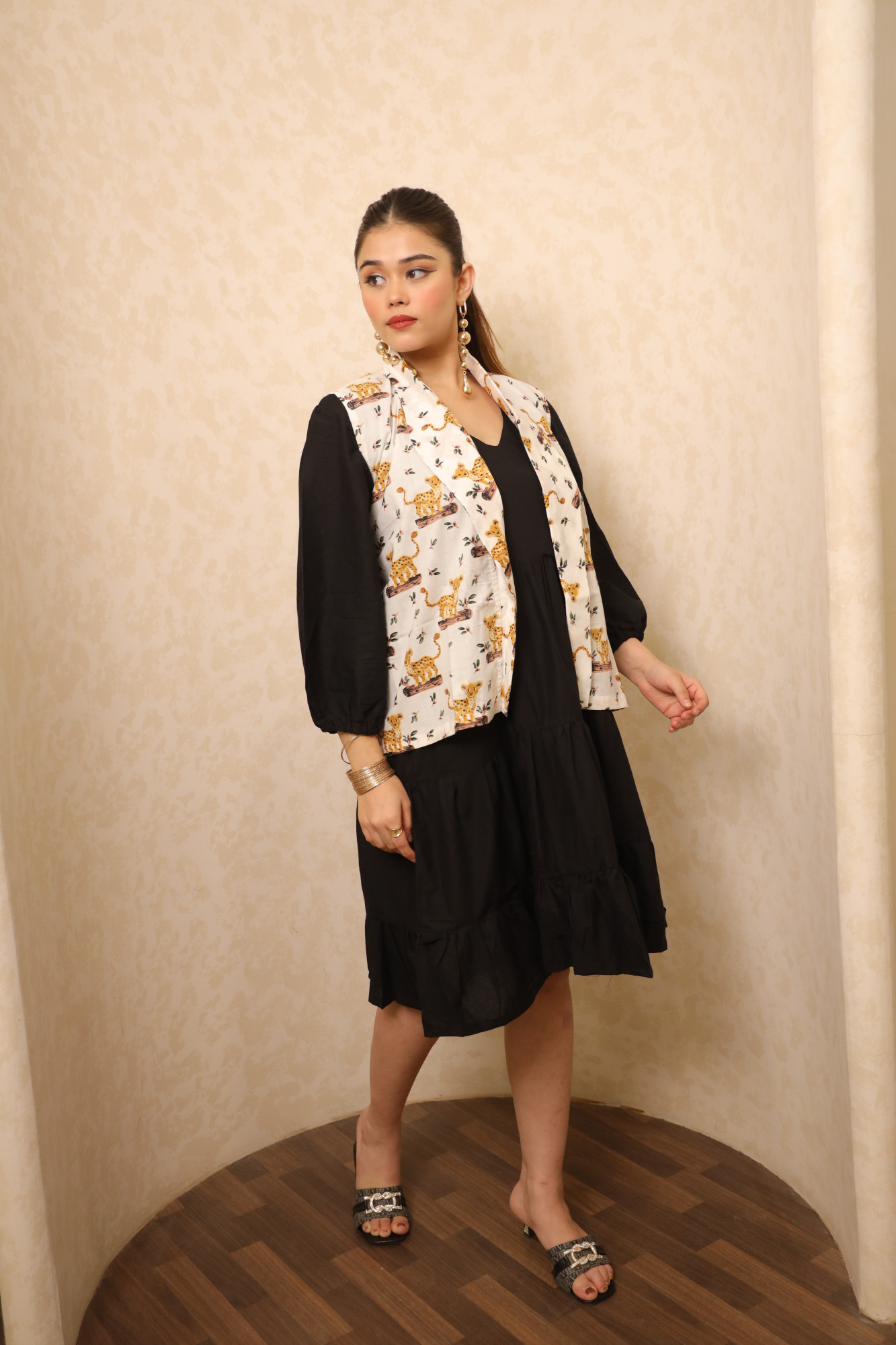Black And White Animal Printed Dress with Jacket