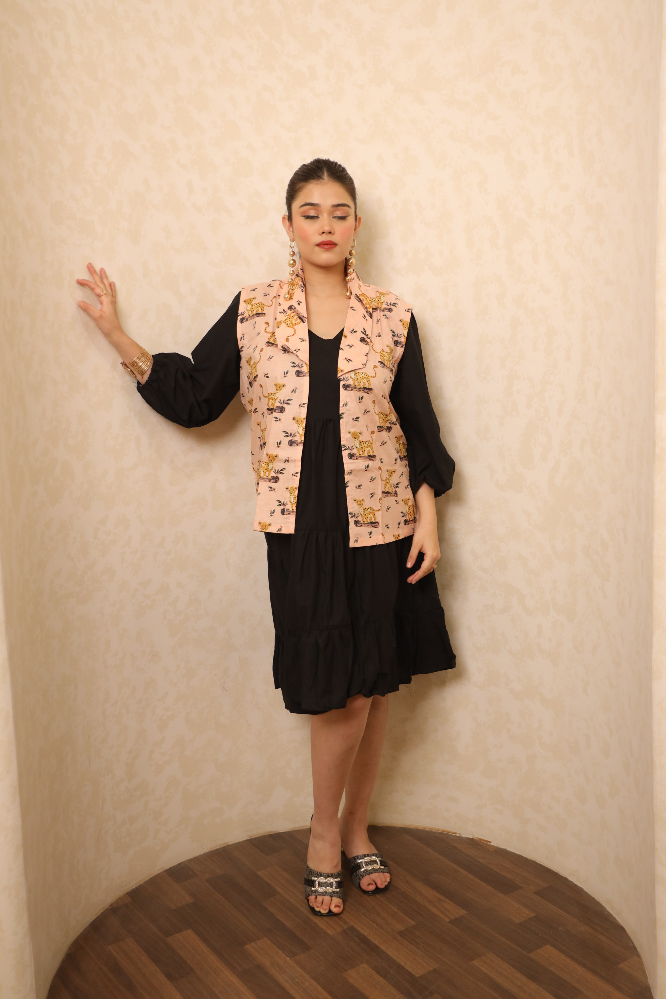 Black And Pink Animal Printed Dress with Jacket