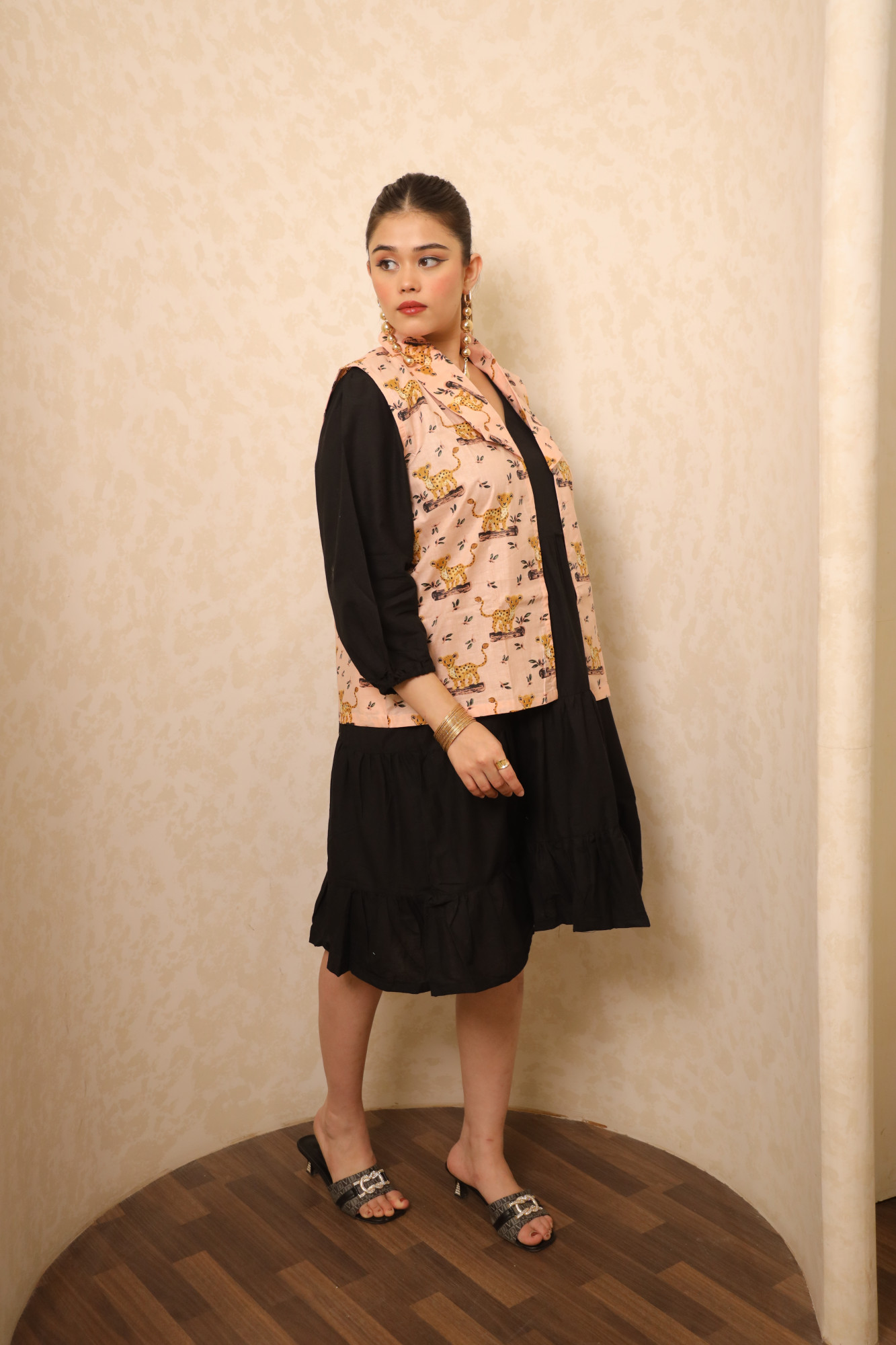 Black And Pink Animal Printed Dress with Jacket