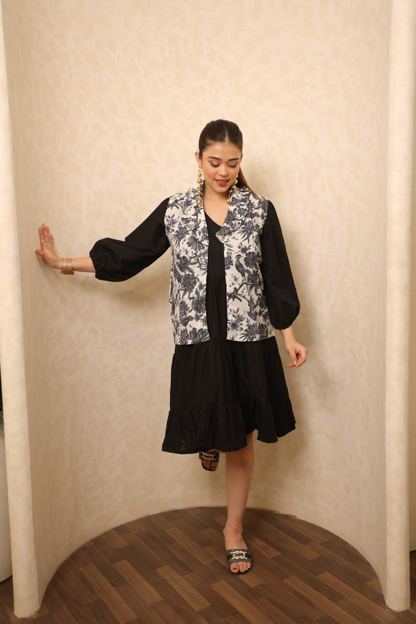 Black And White Bird Printed Dress with Jacket