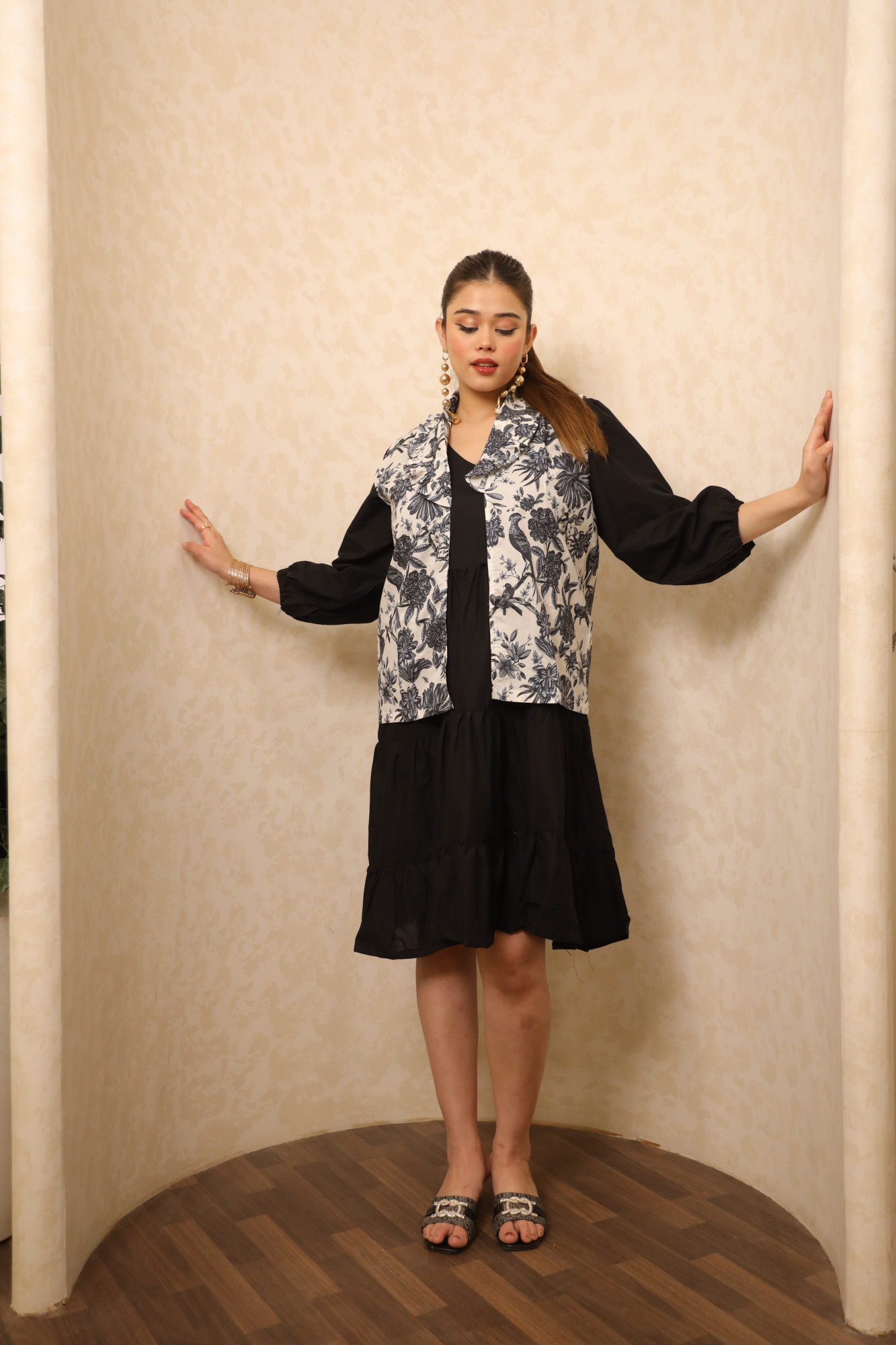 Black And White Bird Printed Dress with Jacket