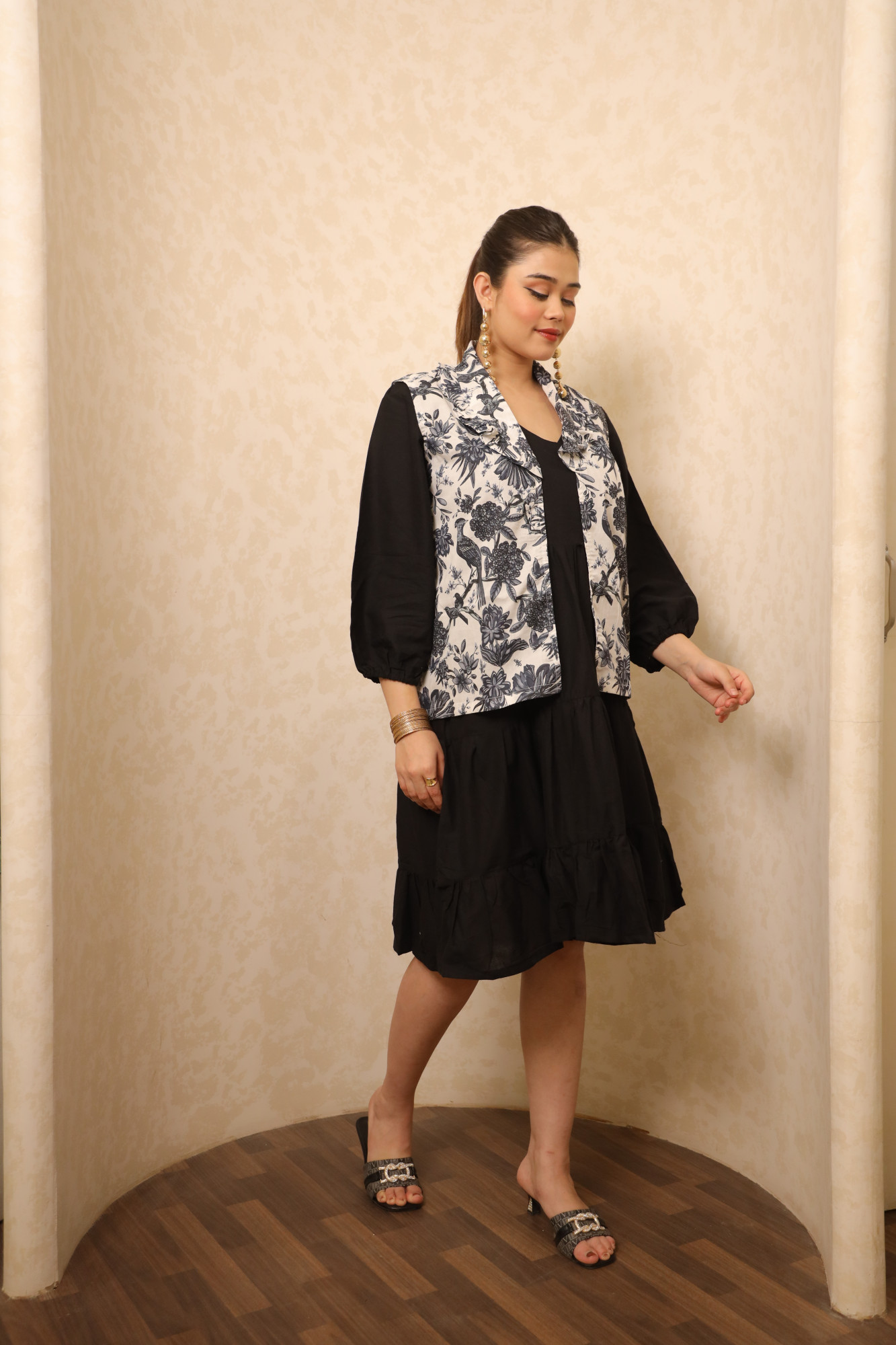 Black And White Bird Printed Dress with Jacket