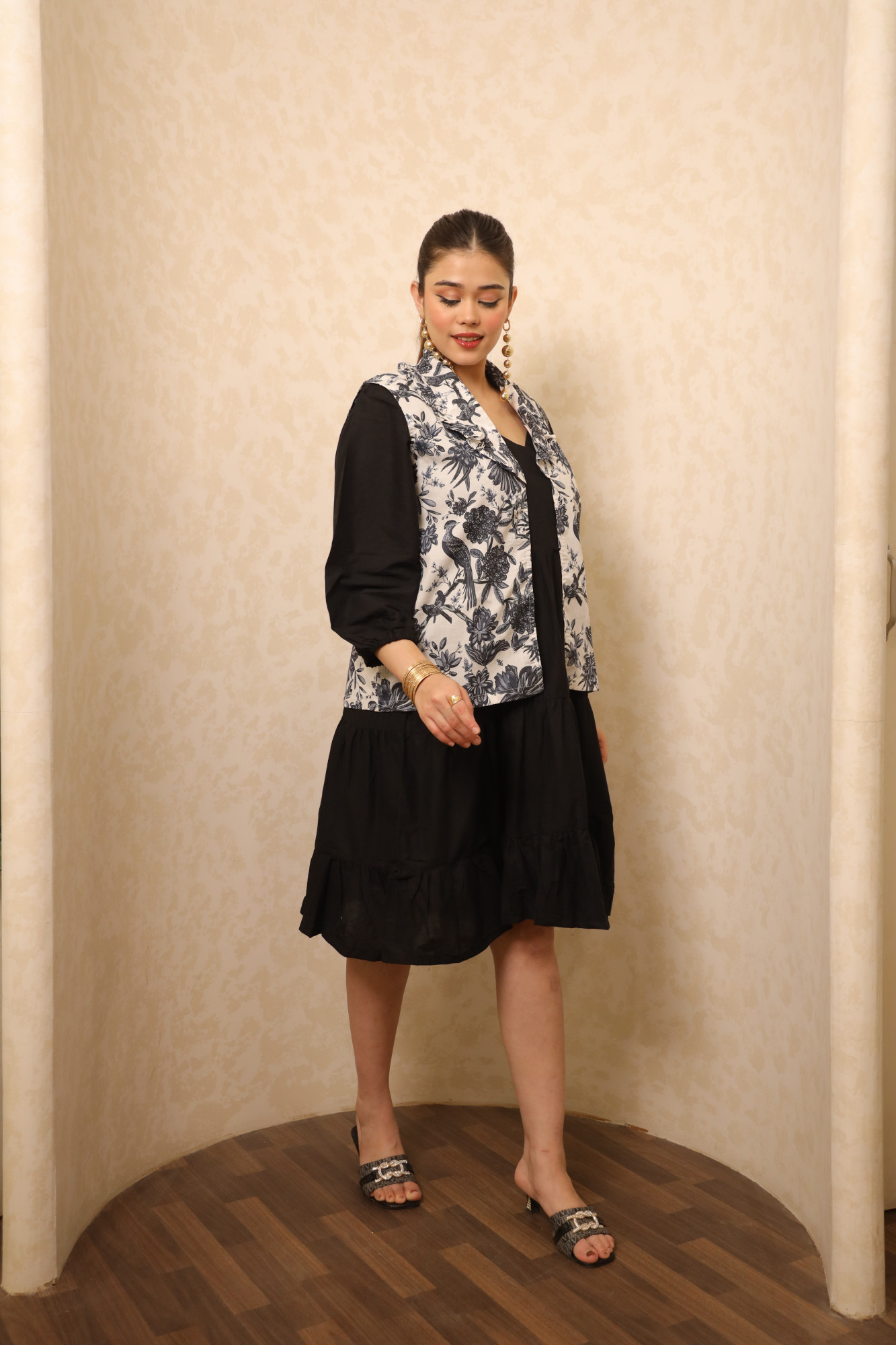 Black And White Bird Printed Dress with Jacket