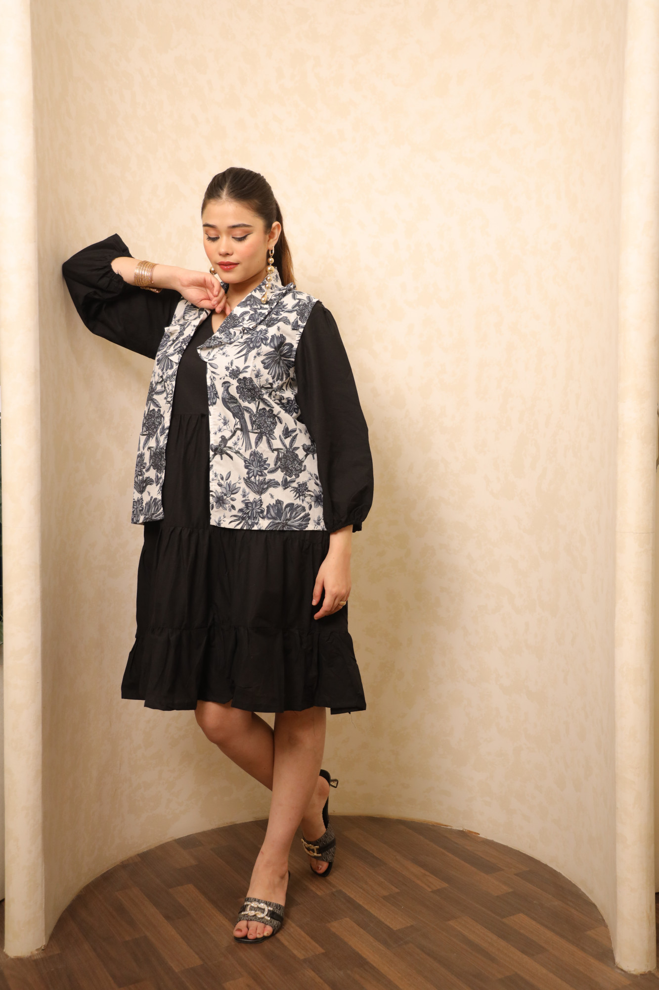 Black And White Bird Printed Dress with Jacket