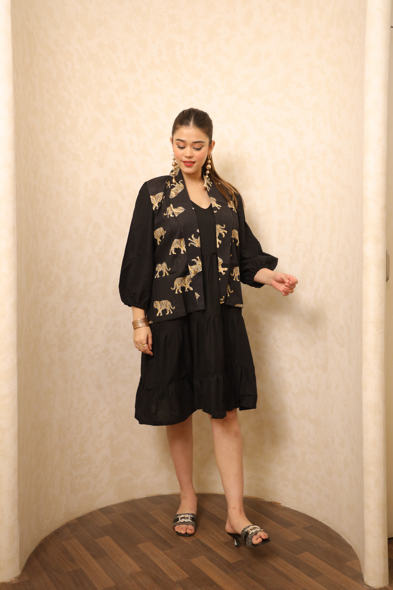 Black On Black Animal Printed Dress with Jacket