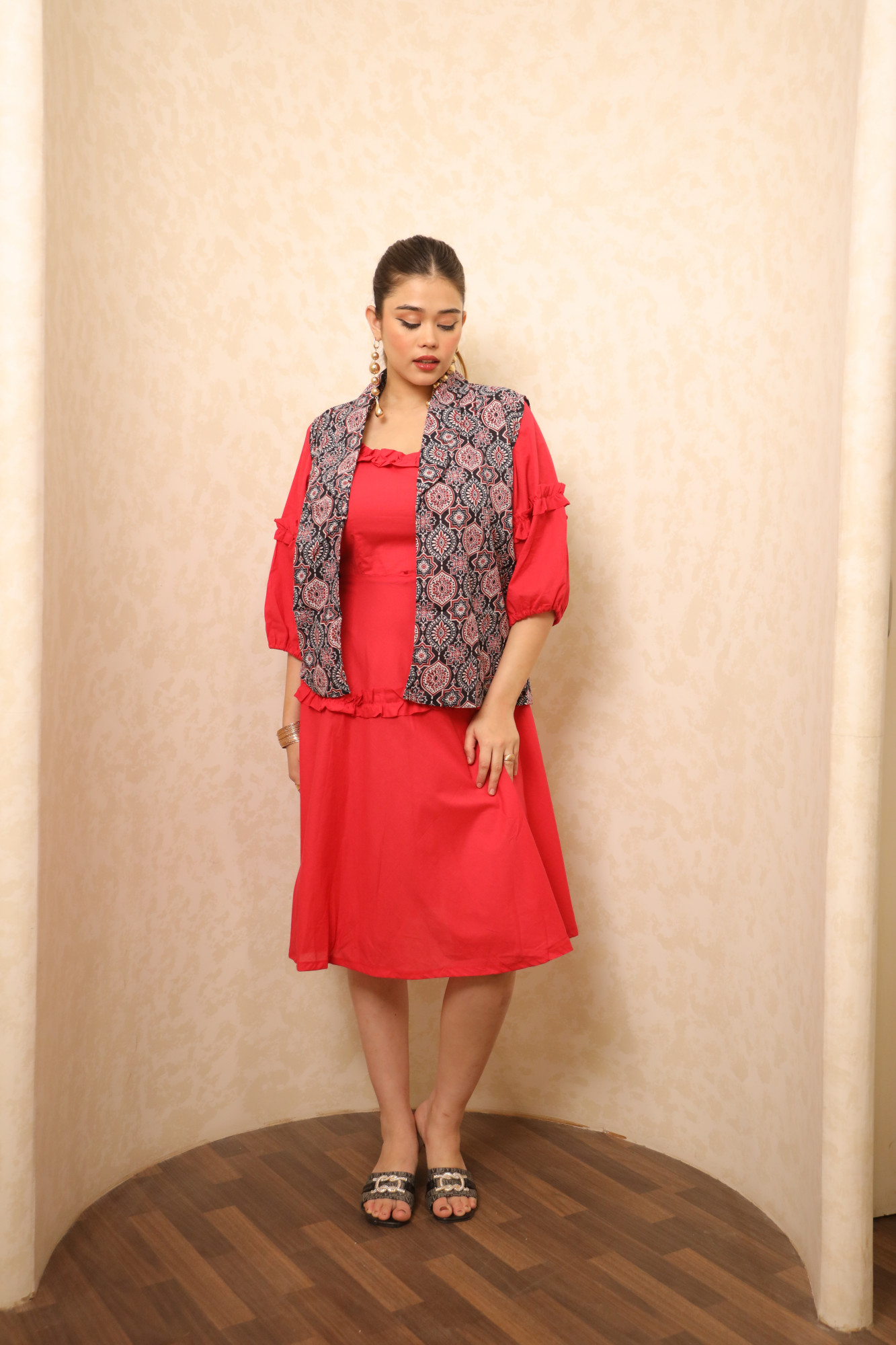 Red Dress With Black Printed Jacket