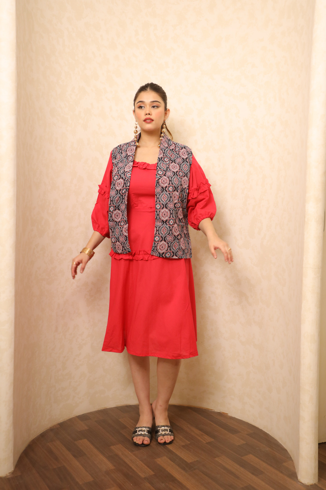 Red Dress With Black Printed Jacket