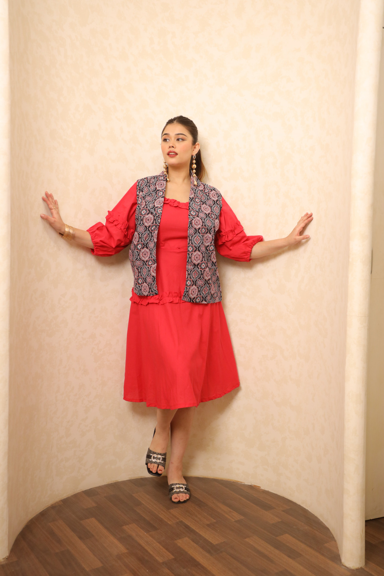 Red Dress With Black Printed Jacket