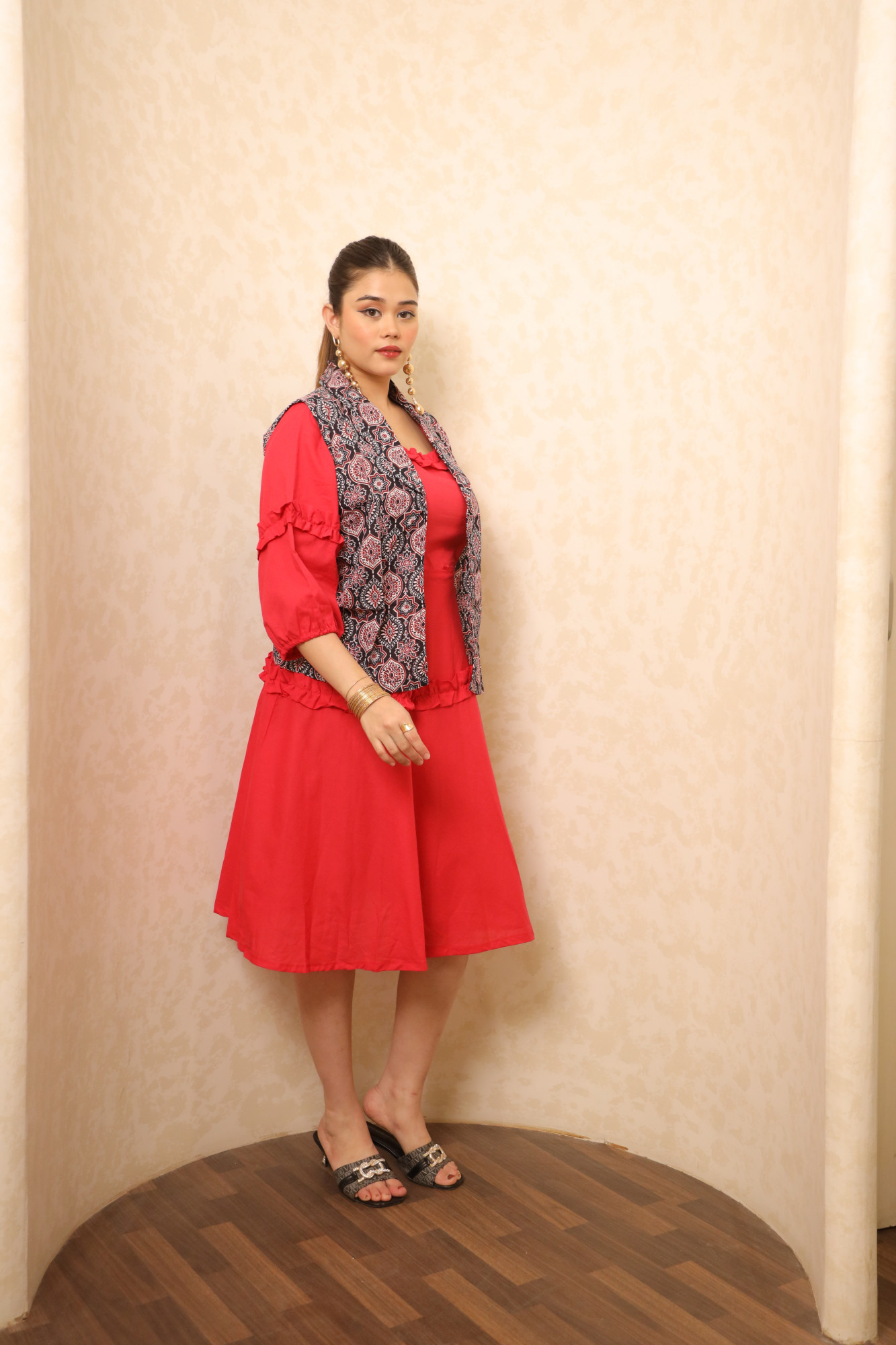 Red Dress With Black Printed Jacket